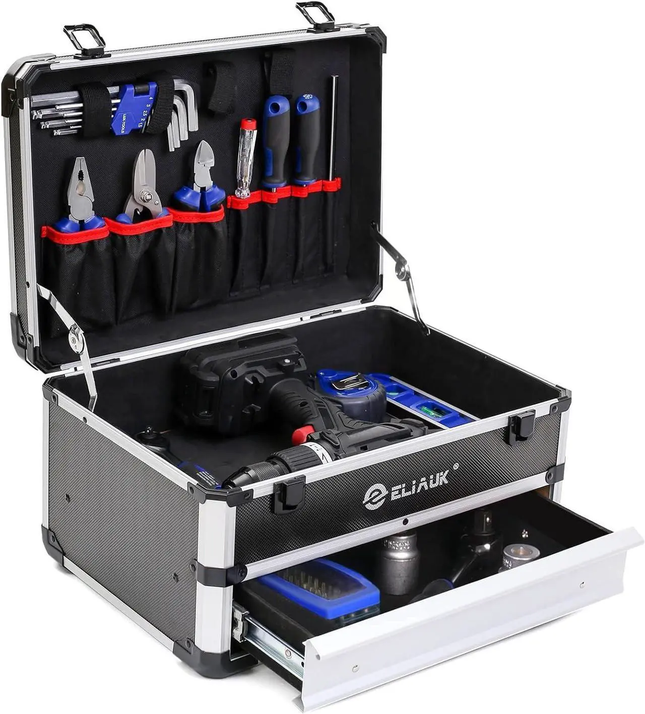 Alt view image 3 of 6 - Tool Box Hard Case Tool Organizer Storage Cabinet Carry Case with Lock &Drawers (Silver)