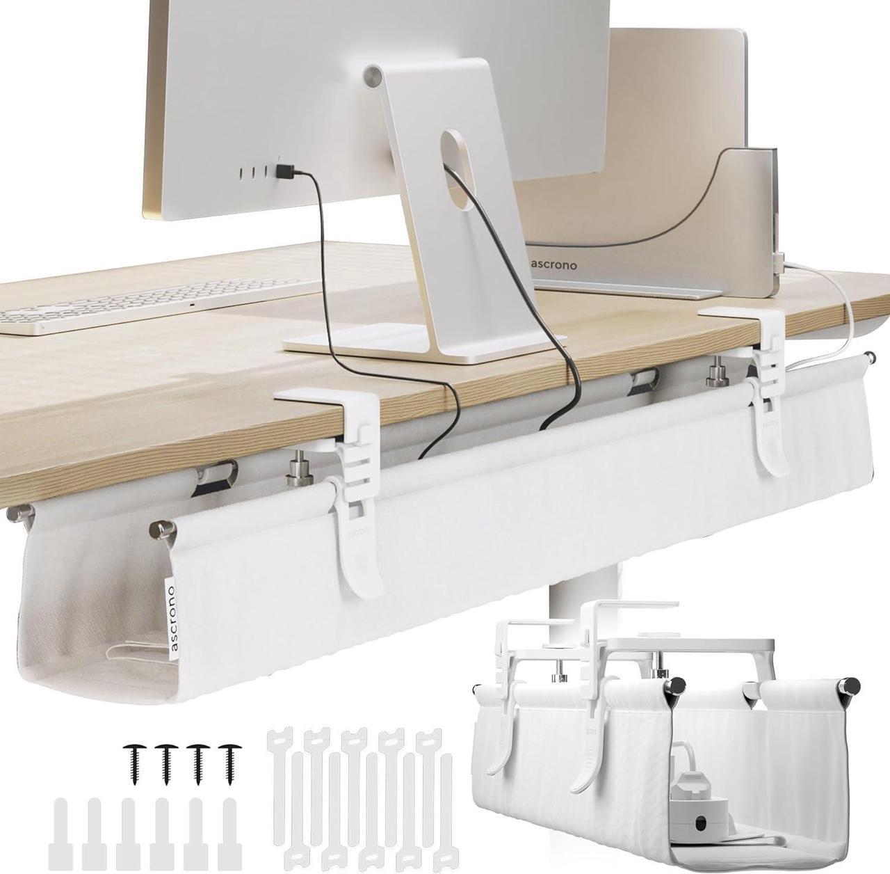 Main image of CableCare No Drill Under Desk Cable Management Tray 40.6" -for Desk Wire Management - Premium White Fabric to Hide Cords - Clamp/Screw Mount - Supports Upto 66lbs - Cable Management Under Desk