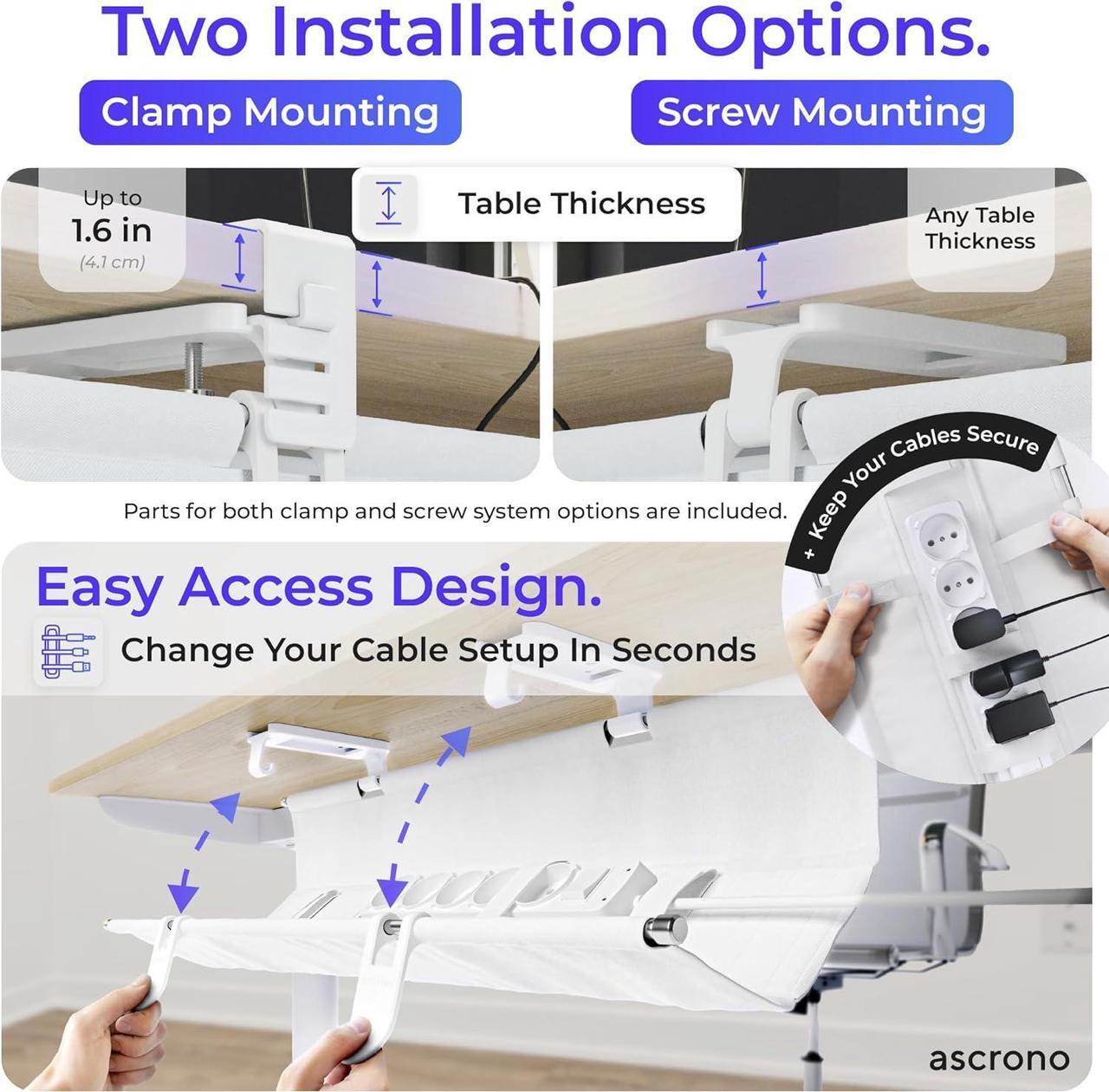 Alt view image 2 of 6 - CableCare No Drill Under Desk Cable Management Tray 40.6" -for Desk Wire Management - Premium White Fabric to Hide Cords - Clamp/Screw Mount - Supports Upto 66lbs - Cable Management Under Desk