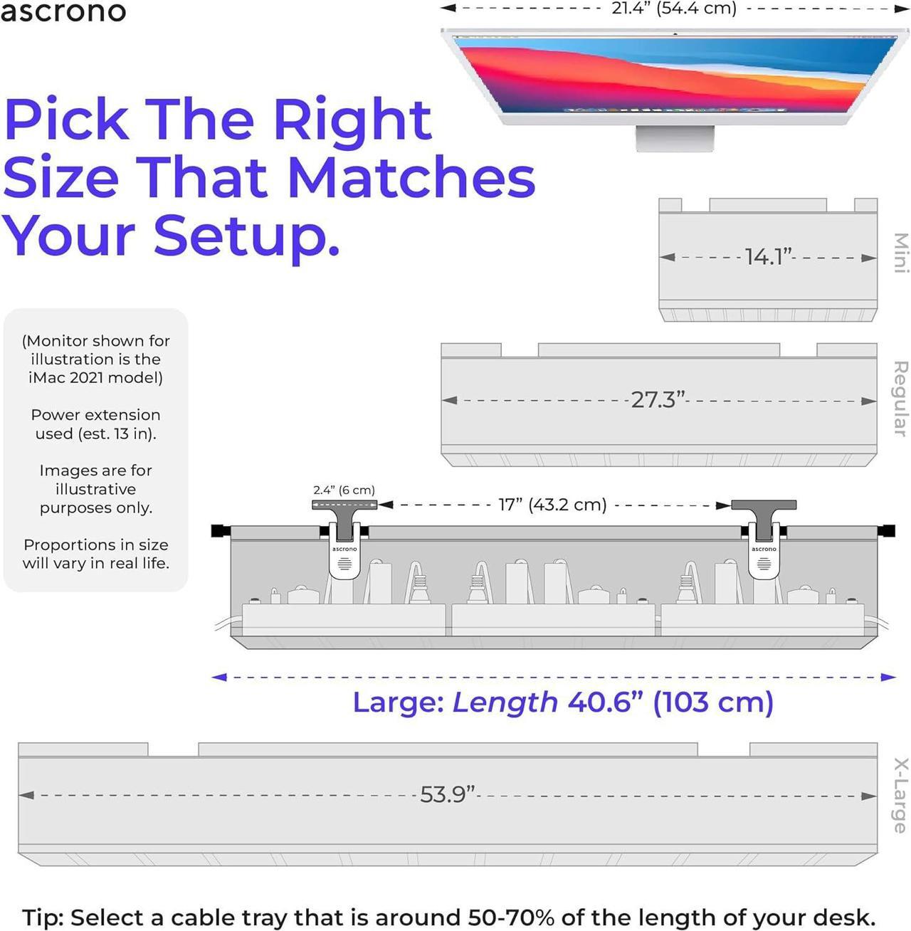 Alt view image 3 of 6 - CableCare No Drill Under Desk Cable Management Tray 40.6" -for Desk Wire Management - Premium White Fabric to Hide Cords - Clamp/Screw Mount - Supports Upto 66lbs - Cable Management Under Desk