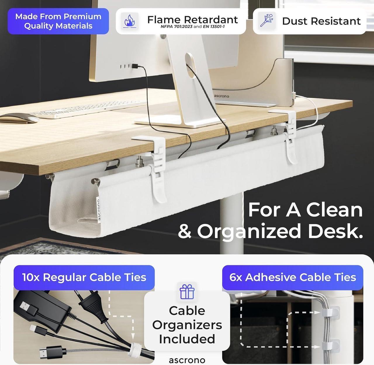 Alt view image 4 of 6 - CableCare No Drill Under Desk Cable Management Tray 40.6" -for Desk Wire Management - Premium White Fabric to Hide Cords - Clamp/Screw Mount - Supports Upto 66lbs - Cable Management Under Desk
