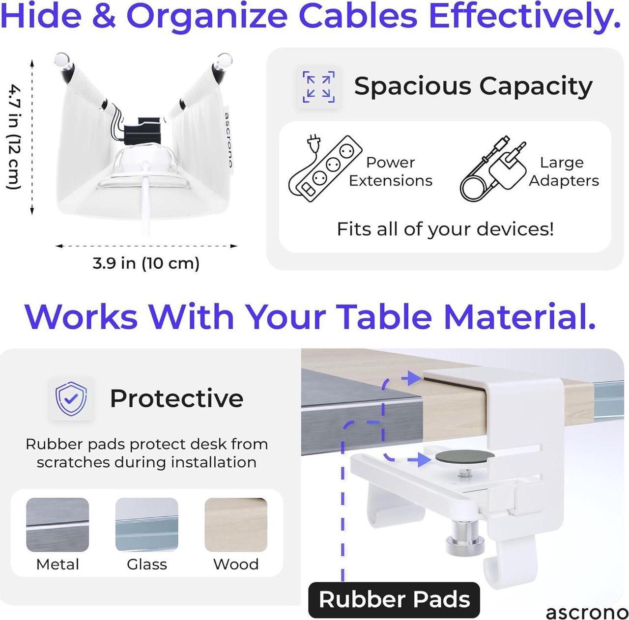 Alt view image 5 of 6 - CableCare No Drill Under Desk Cable Management Tray 40.6" -for Desk Wire Management - Premium White Fabric to Hide Cords - Clamp/Screw Mount - Supports Upto 66lbs - Cable Management Under Desk