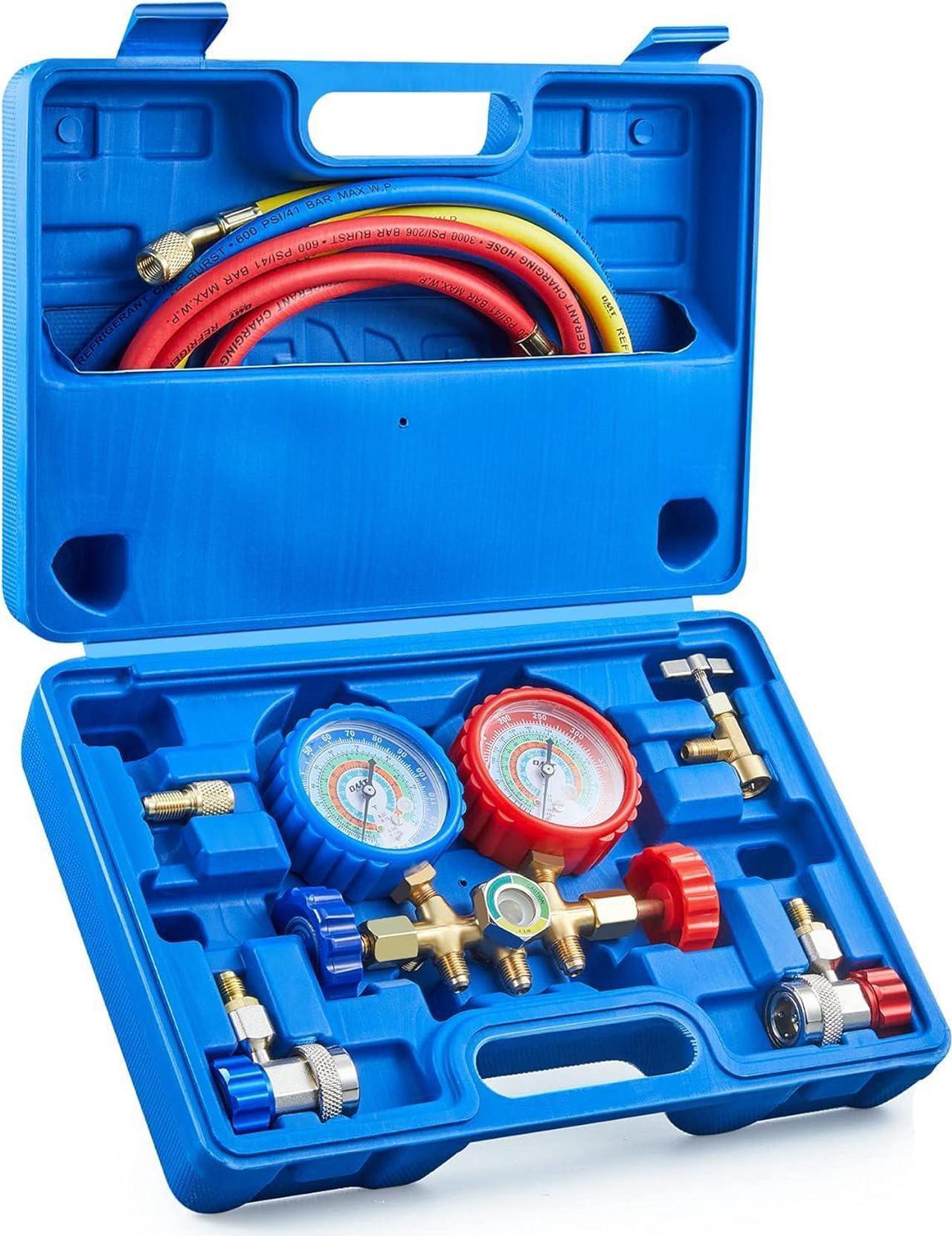 Main image of Motor Tech AC Gauges, AC Manifold Gauge Set for R134a R12 R22 R502, 3 Way Automotive AC Gauge Set with Antishock Gauges Hoses Couplers Adapter, Puncturing Can Tap Freon Recharge Kit