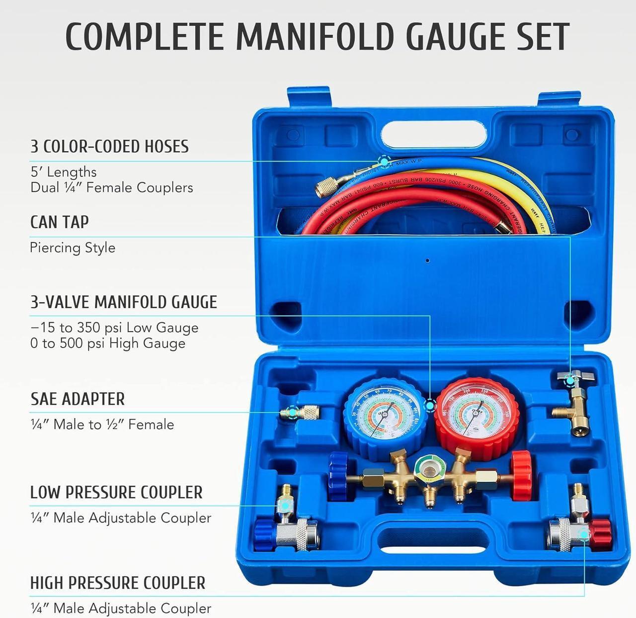 Alt view image 3 of 7 - Motor Tech AC Gauges, AC Manifold Gauge Set for R134a R12 R22 R502, 3 Way Automotive AC Gauge Set with Antishock Gauges Hoses Couplers Adapter, Puncturing Can Tap Freon Recharge Kit
