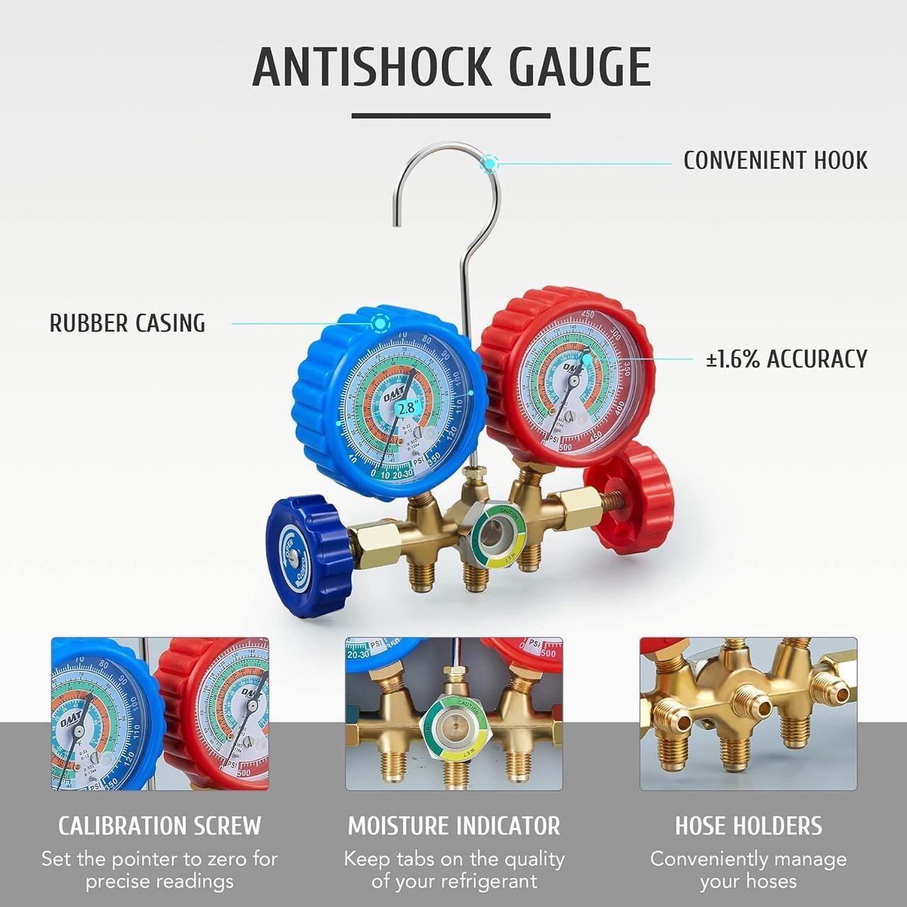 Alt view image 4 of 7 - Motor Tech AC Gauges, AC Manifold Gauge Set for R134a R12 R22 R502, 3 Way Automotive AC Gauge Set with Antishock Gauges Hoses Couplers Adapter, Puncturing Can Tap Freon Recharge Kit
