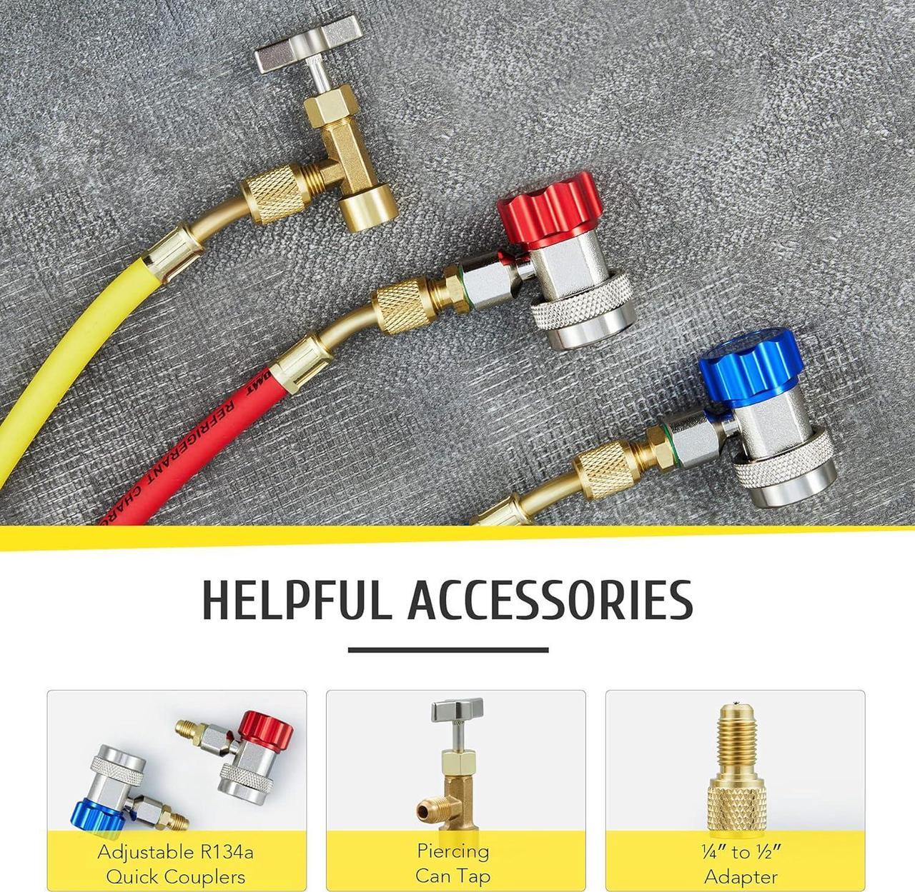 Alt view image 6 of 7 - Motor Tech AC Gauges, AC Manifold Gauge Set for R134a R12 R22 R502, 3 Way Automotive AC Gauge Set with Antishock Gauges Hoses Couplers Adapter, Puncturing Can Tap Freon Recharge Kit