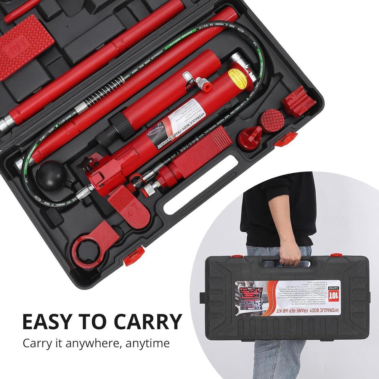 Alt view image 6 of 6 - 10 Ton Porta Power Kit, Portable Hydraulic Jack with 3.9 Ft/1.2 m Oil Hose, Auto Body Frame Repair Kit with Storage Case for Car Repair, Truck, Farm