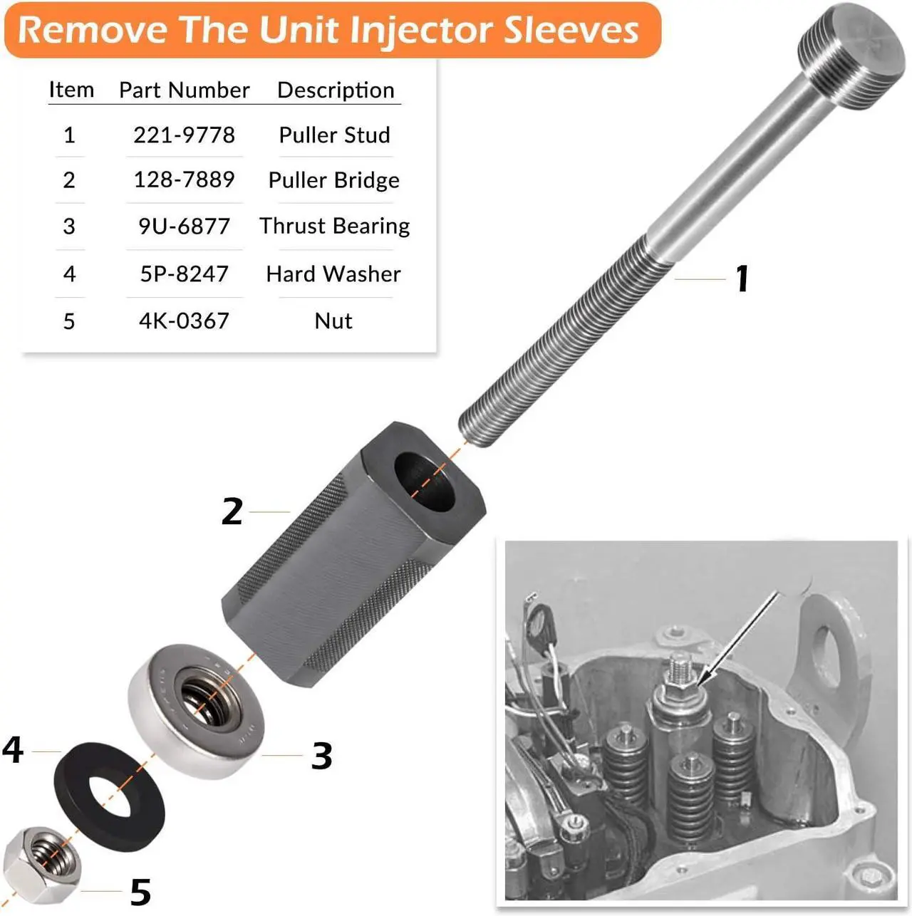 Alt view image 4 of 7 - 9U-6891 Injector Sleeve Cup Remover&Installer Set for CAT Caterpillar 3406E C10 C12 C15 C16 C-18 Engine Heavy Duty Steel (6 PCS)