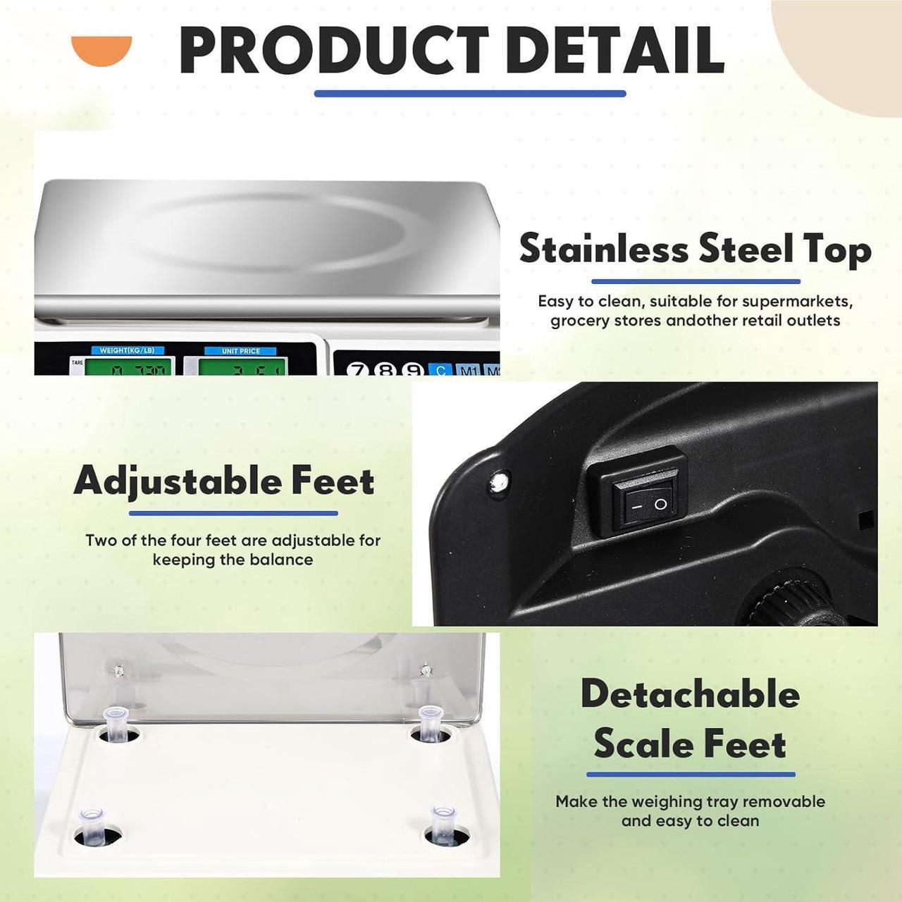 Alt view image 3 of 6 - Electronic Price Computing Scale Digital Commercial Food Scale with LCD Display Accurate Meat Scale Produce Scale Food Weight Scale for Kitchen Farmers Market Deli Shop Retail (88lb/40kg)