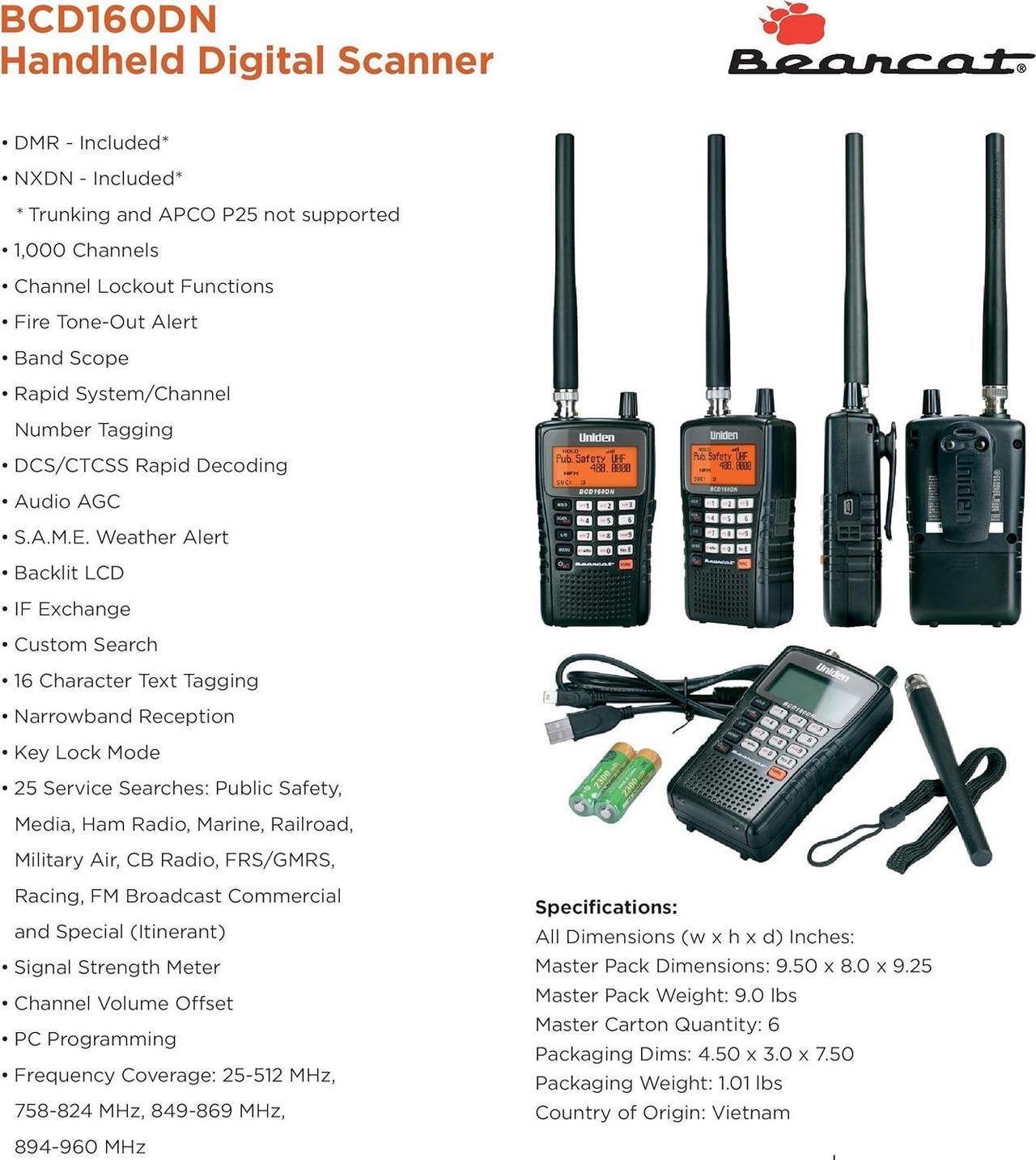 Alt view image 7 of 7 - Bearcat BCD160DN Handheld Digital Scanner, Exclusive Features, Band Scope Rapid System/Channel Number Tagging, Narrow-Band Reception, and Search Features to Detect Signals Faster Than Ever