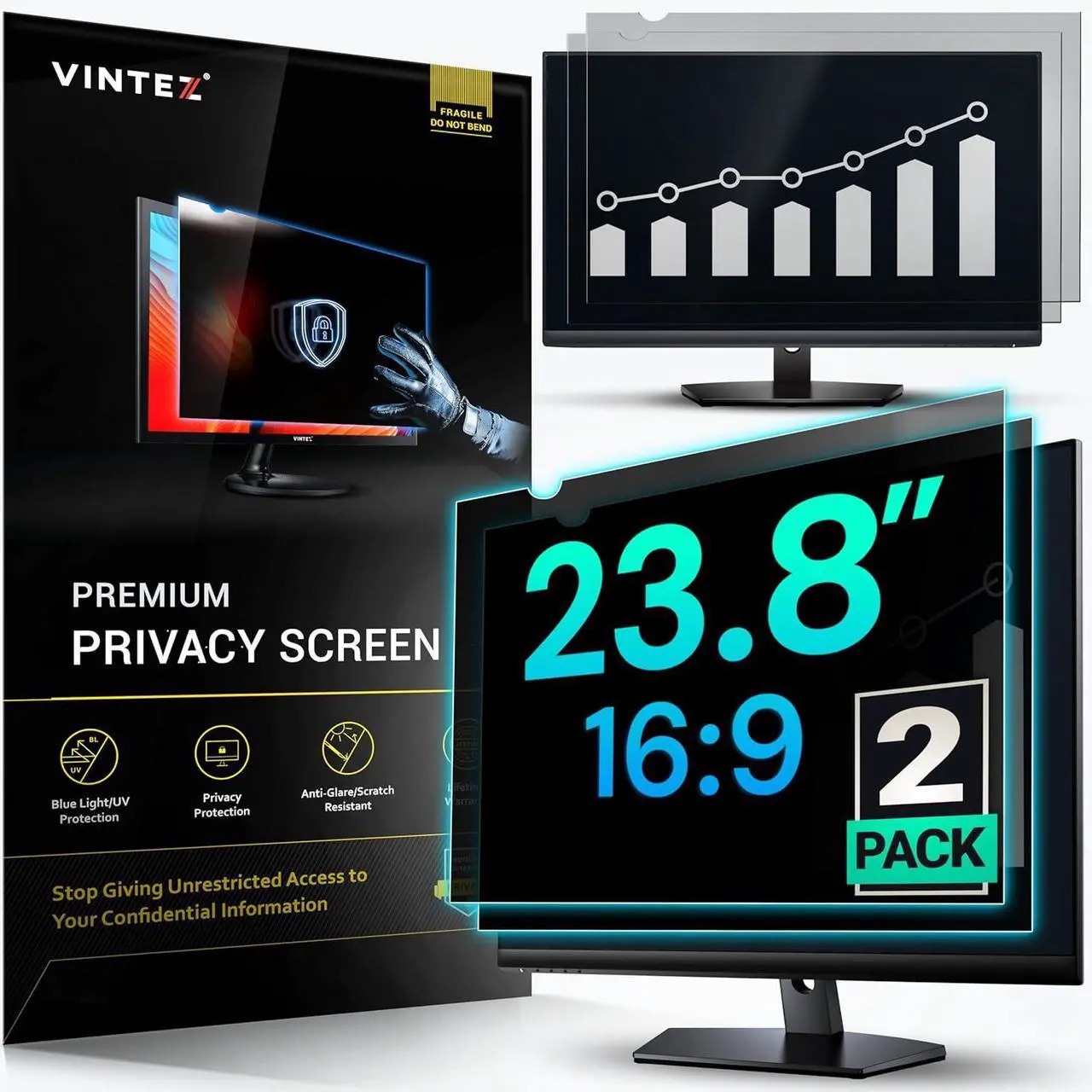 Main image of 23.8 Inch 16:9 Computer Privacy Screen Filter for Widescreen Monitor and Laptop - Anti-Glare - Anti-Scratch Protector Film - Data Confidentiality Shield [2 Pack]