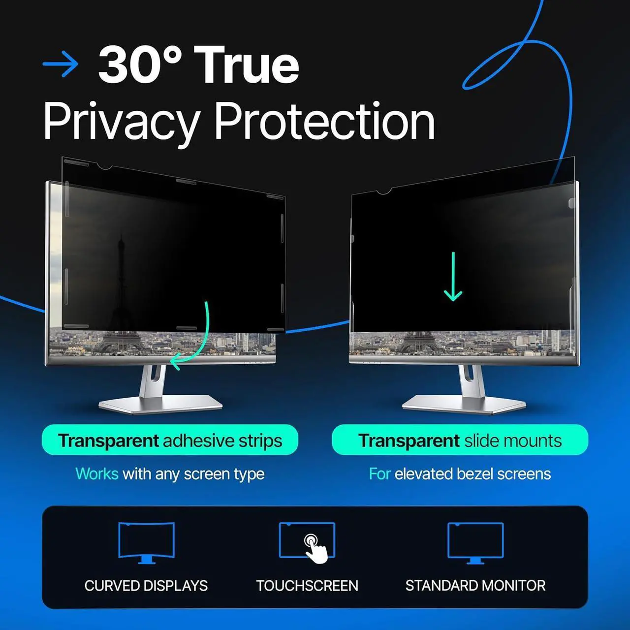 Alt view image 7 of 7 - 23.8 Inch 16:9 Computer Privacy Screen Filter for Widescreen Monitor and Laptop - Anti-Glare - Anti-Scratch Protector Film - Data Confidentiality Shield [2 Pack]