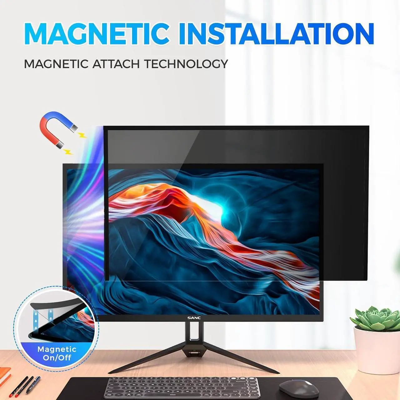 Alt view image 2 of 7 - Hidden Design Magnetic Computer Privacy Screen 24 inch, Removable Privacy Screen Filter for Frameless Monitor 16:9 Widescreen, Anti Blue Light Privacy Shield, Anti-Glare Protector