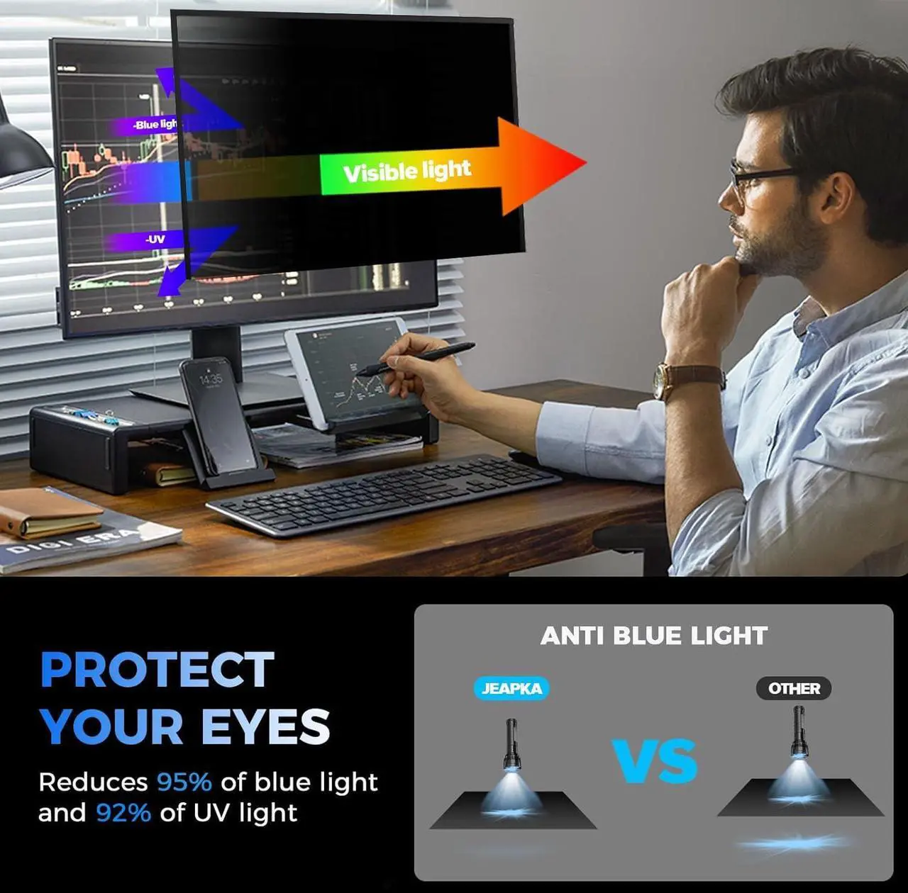 Alt view image 7 of 7 - Hidden Design Magnetic Computer Privacy Screen 24 inch, Removable Privacy Screen Filter for Frameless Monitor 16:9 Widescreen, Anti Blue Light Privacy Shield, Anti-Glare Protector