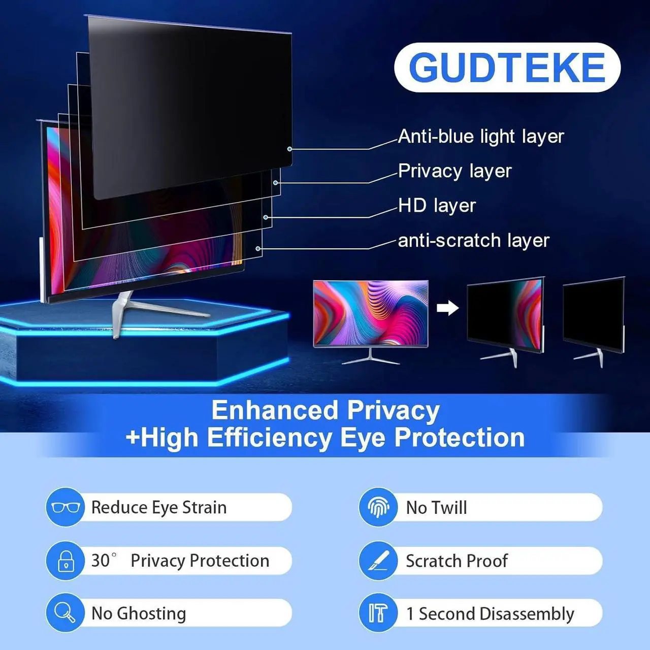 Alt view image 2 of 7 - Computer Privacy Screen Filter 27" Hanging Privacy Screen Protector Compatible Widescreen Computer Monitor with Aspect Ratio 16:9,Anti-Glare Privacy Screen Protector (27" Diagonal (16:9))