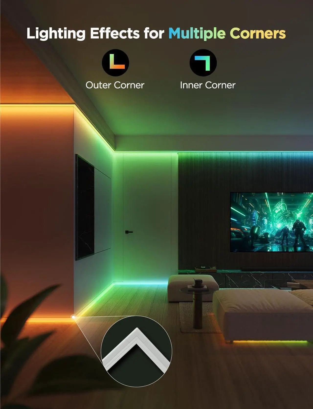 Alt view image 3 of 7 - RGBIC LED Strip Lights 32.8ft with Covers Smart Lights Work with Alexa and Google Assistant LED Diffuser Channel with LED Lights for Bedroom Skirting Lines Studio Cabinet