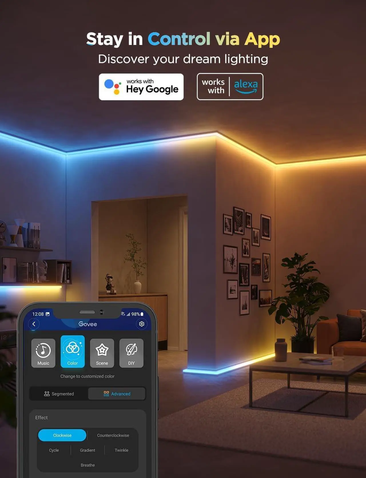 Alt view image 4 of 7 - RGBIC LED Strip Lights 32.8ft with Covers Smart Lights Work with Alexa and Google Assistant LED Diffuser Channel with LED Lights for Bedroom Skirting Lines Studio Cabinet