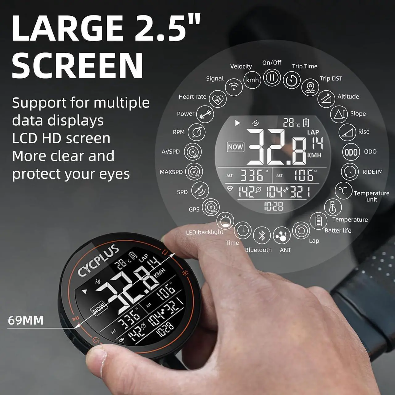 Alt view image 2 of 7 - Bike Computer Wireless GPS Accurate Bike Speedometer with Bluetooth Mini Cycling Computer IPX6 Waterproof ANT+ Bicycle Odometer with Automatic Backlight 2.5" LCD Screen and Larger Battery