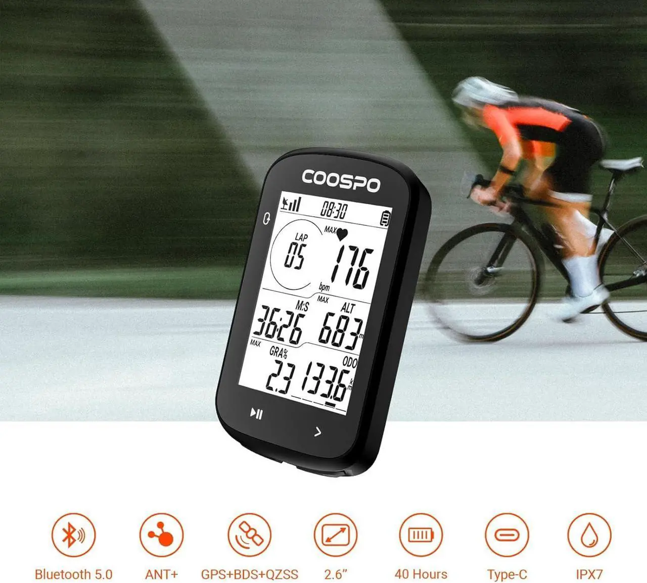 Alt view image 4 of 7 - GPS Bike Computer CS300, Wireless Cycling Computer with 2.6 LCD Screen, Bluetooth5.0 ANT+ Bicycle Speedometer Odometer with Customize Display, Auto-Backlight & 40H Long Battery Life