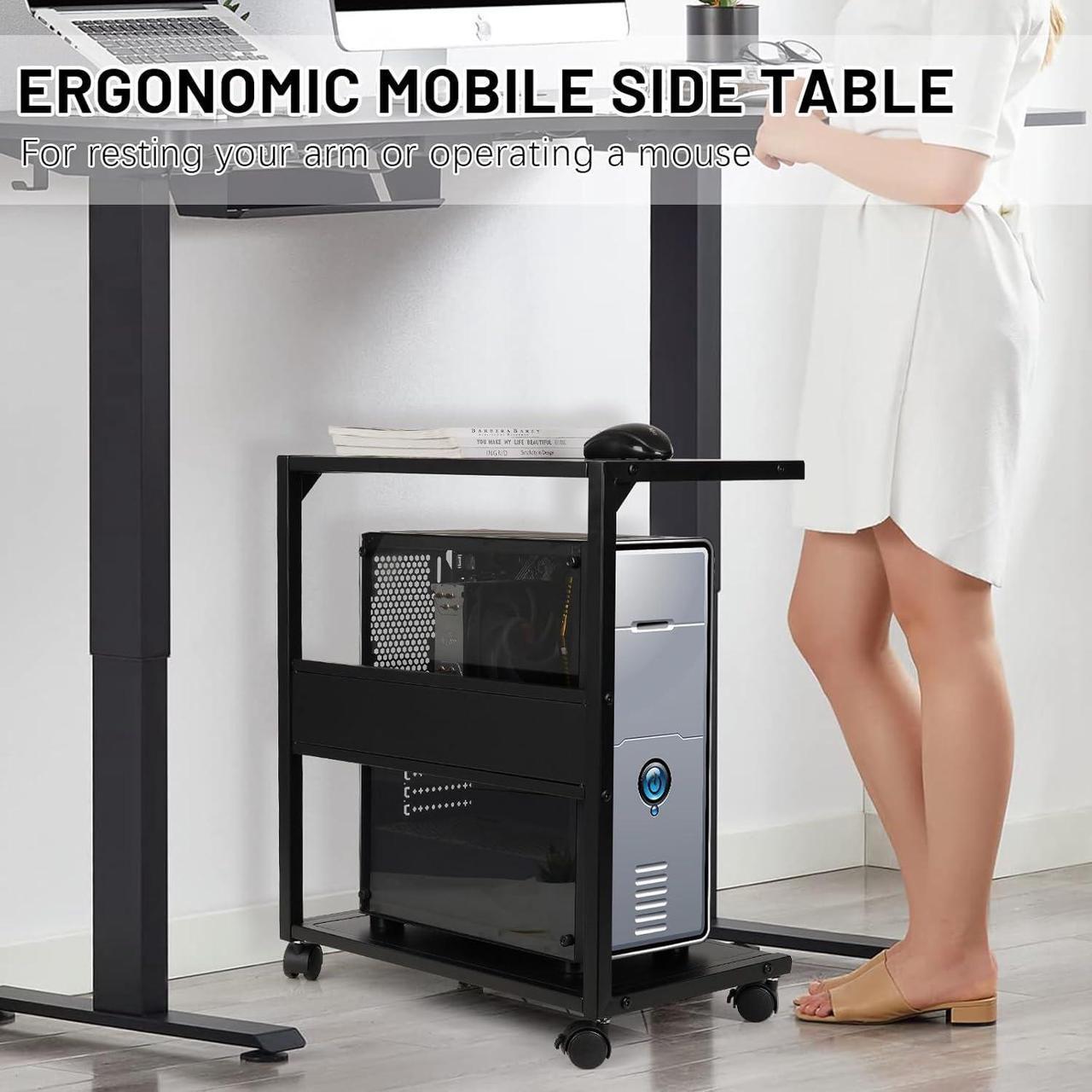 Alt view image 5 of 7 - Computer Tower Stand, Iron PC Stand 2-Tier CPU Stand with Locking Caster Wheels Suitable for Most PC (Black, L)