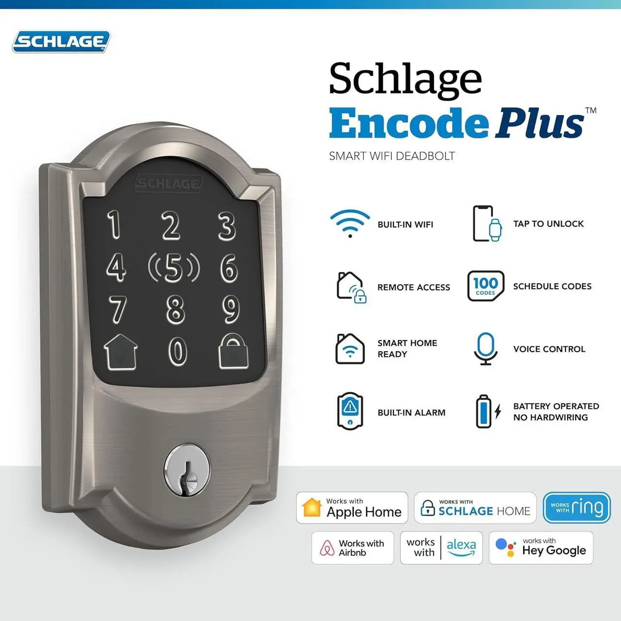Alt view image 2 of 7 - BE499WB CAM 619 Encode Plus WiFi Deadbolt Smart Lock, Keyless Entry Touchscreen Door Lock with Camelot Trim, Satin Nickel