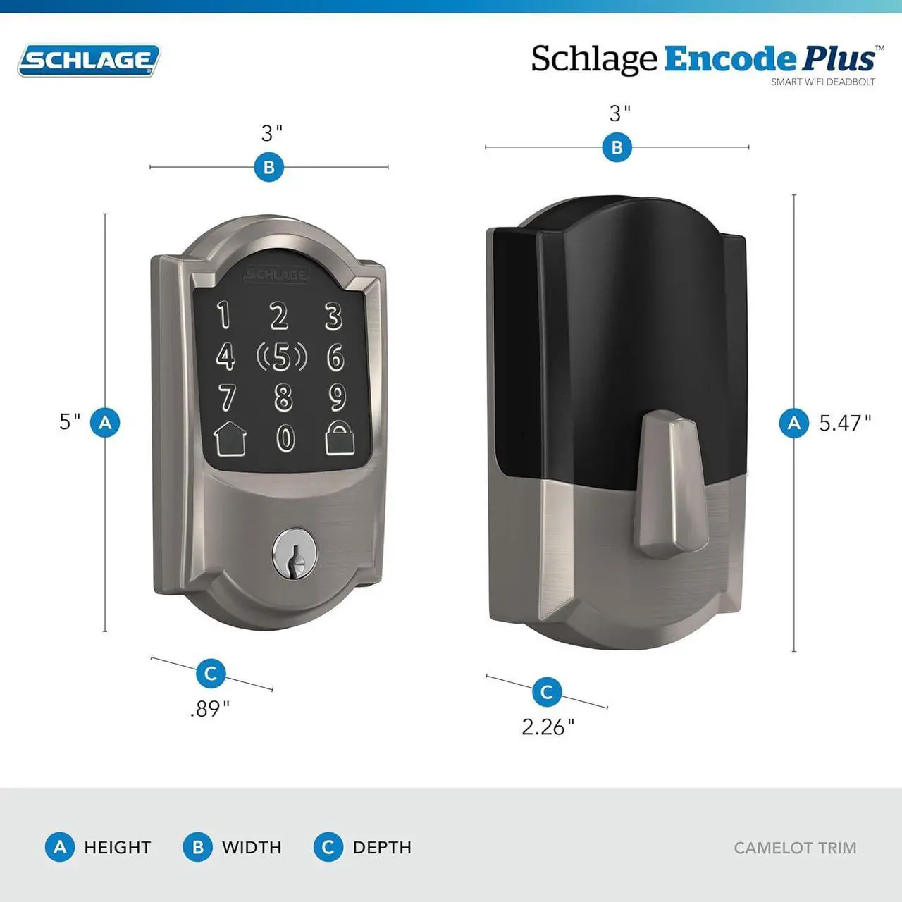 Alt view image 3 of 7 - BE499WB CAM 619 Encode Plus WiFi Deadbolt Smart Lock, Keyless Entry Touchscreen Door Lock with Camelot Trim, Satin Nickel