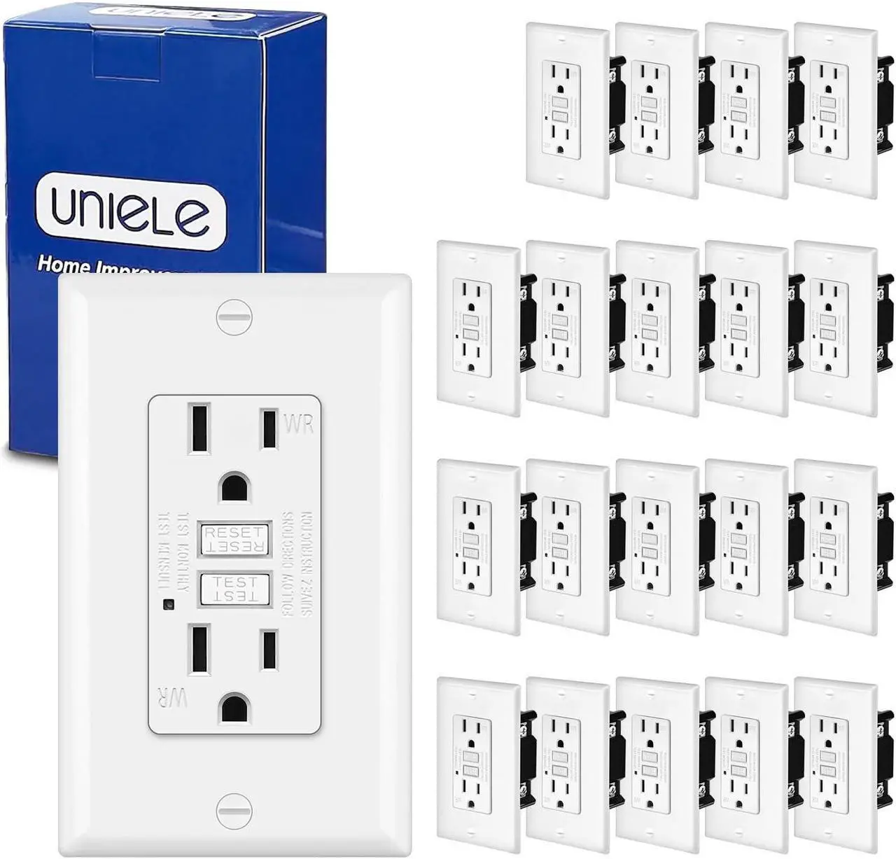 Main image of (20 Pack) UNIELE 15 Amp WR GFCI Receptacle Outlet, Outdoor Weather-Resistant GFI, Ground Fault Circuit Interrupter, Wallplate Included, White