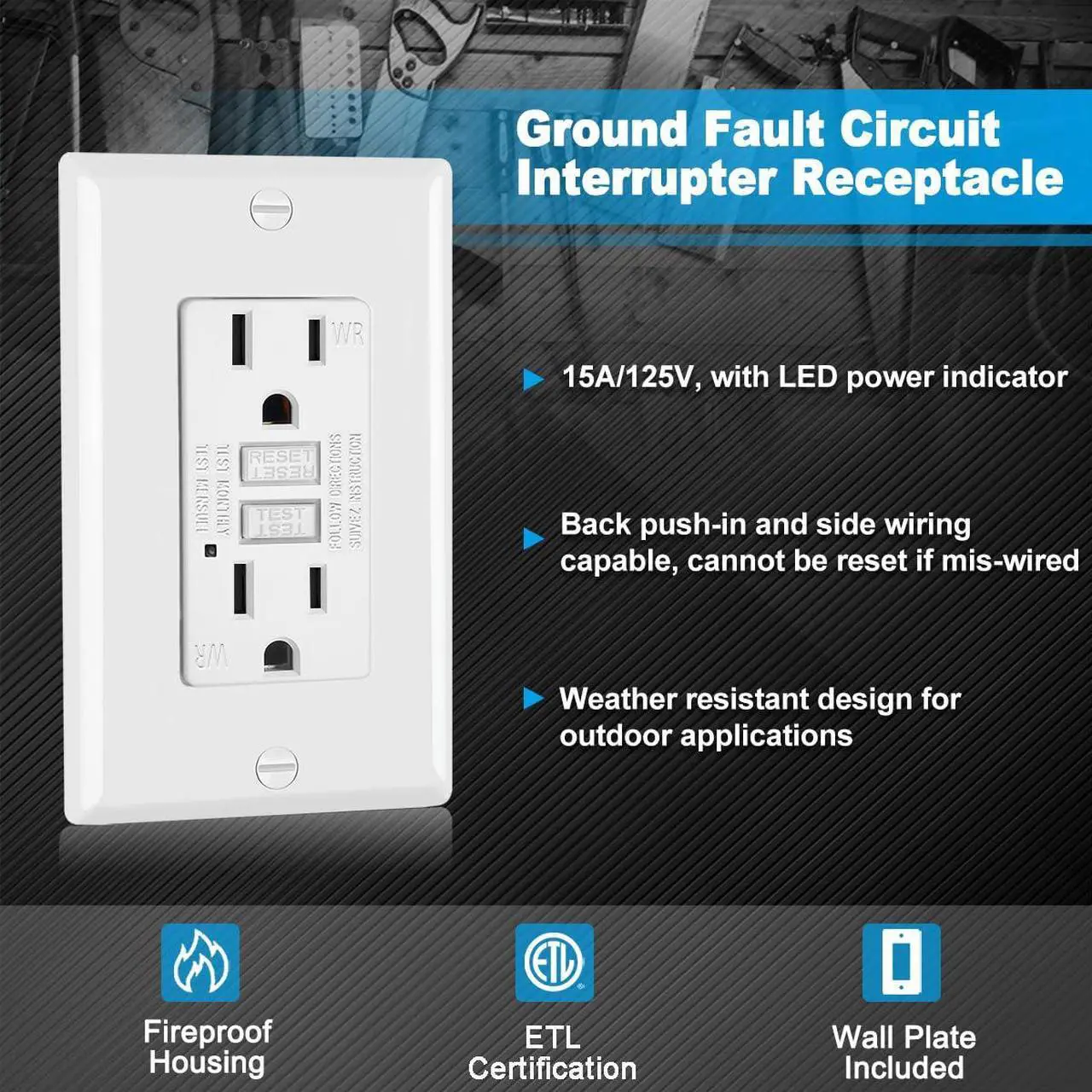 Alt view image 2 of 6 - (20 Pack) UNIELE 15 Amp WR GFCI Receptacle Outlet, Outdoor Weather-Resistant GFI, Ground Fault Circuit Interrupter, Wallplate Included, White