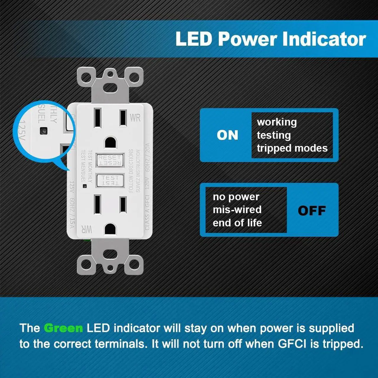 Alt view image 3 of 6 - (20 Pack) UNIELE 15 Amp WR GFCI Receptacle Outlet, Outdoor Weather-Resistant GFI, Ground Fault Circuit Interrupter, Wallplate Included, White