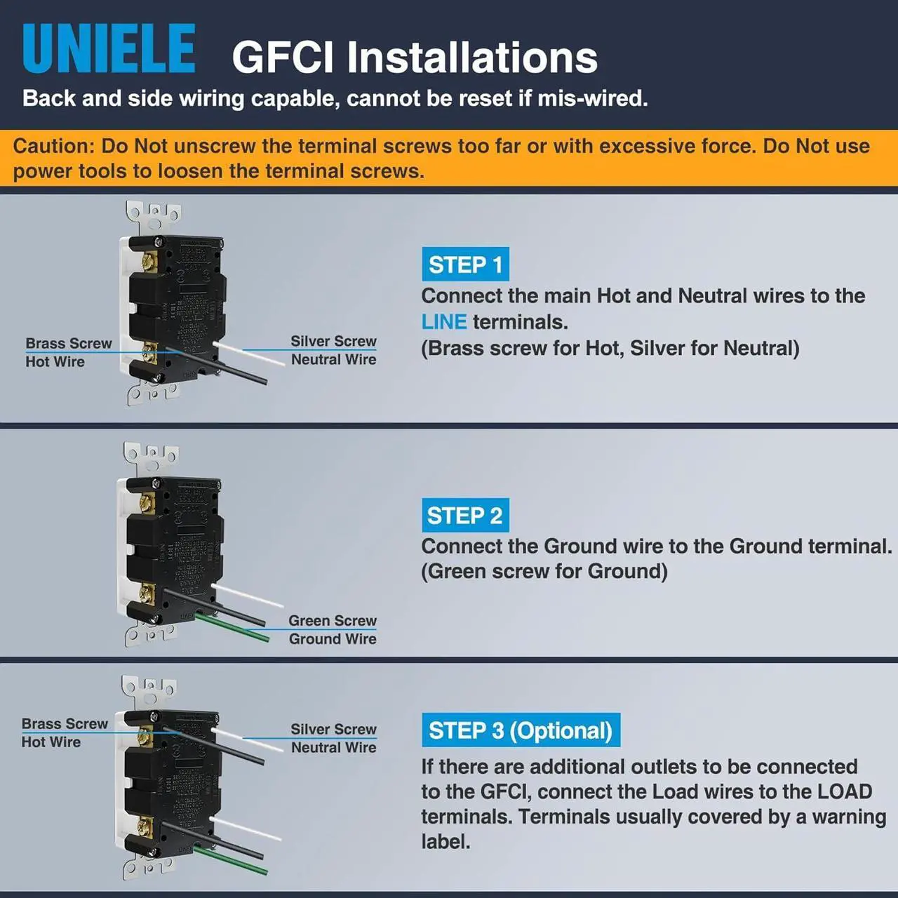 Alt view image 4 of 6 - (20 Pack) UNIELE 15 Amp WR GFCI Receptacle Outlet, Outdoor Weather-Resistant GFI, Ground Fault Circuit Interrupter, Wallplate Included, White
