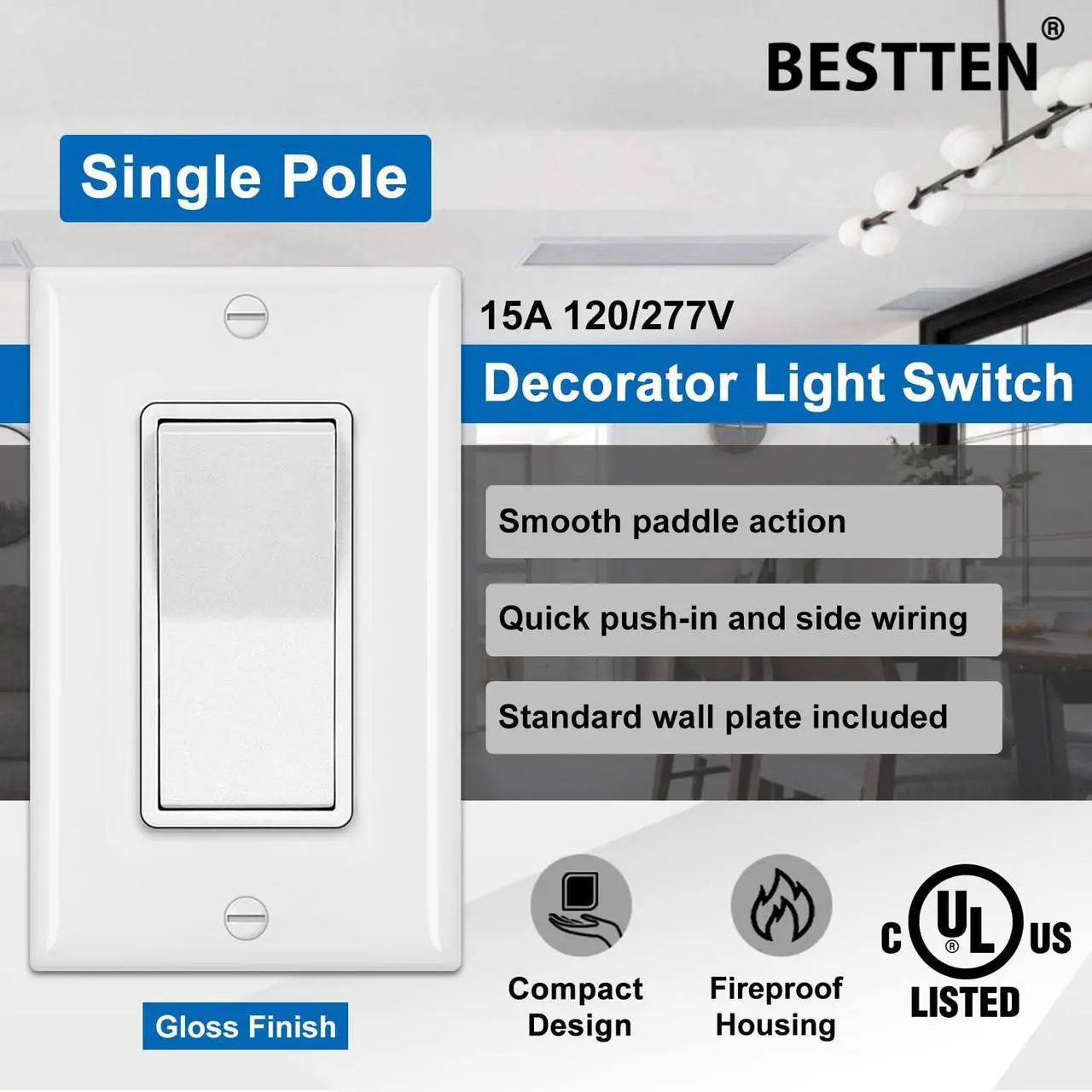 Alt view image 3 of 7 - BESTTEN 100 Pack Single Pole Decorator Wall Light Switch with Wall Plate, 15A 120/277V, On/Off Rocker Paddle Interrupter for LED and Other Lamps, UL Listed, White