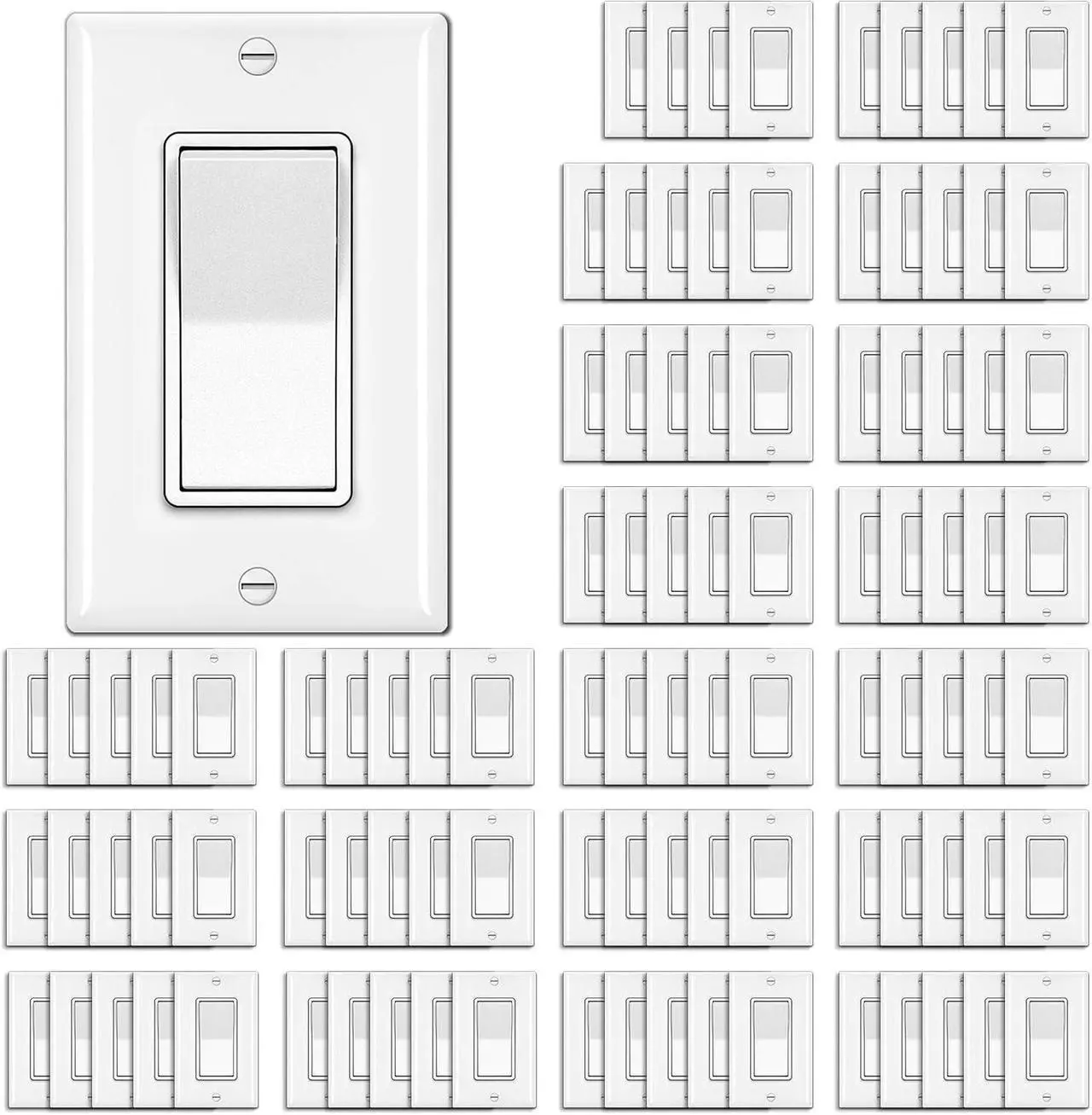 Main image of BESTTEN 100 Pack Single Pole Decorator Wall Light Switch with Wall Plate, 15A 120/277V, On/Off Rocker Paddle Interrupter for LED and Other Lamps, UL Listed, White