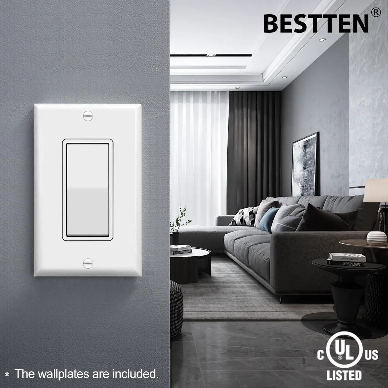 Alt view image 2 of 7 - BESTTEN 100 Pack Single Pole Decorator Wall Light Switch with Wall Plate, 15A 120/277V, On/Off Rocker Paddle Interrupter for LED and Other Lamps, UL Listed, White