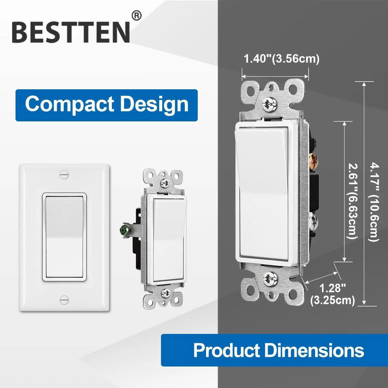 Alt view image 5 of 7 - BESTTEN 100 Pack Single Pole Decorator Wall Light Switch with Wall Plate, 15A 120/277V, On/Off Rocker Paddle Interrupter for LED and Other Lamps, UL Listed, White