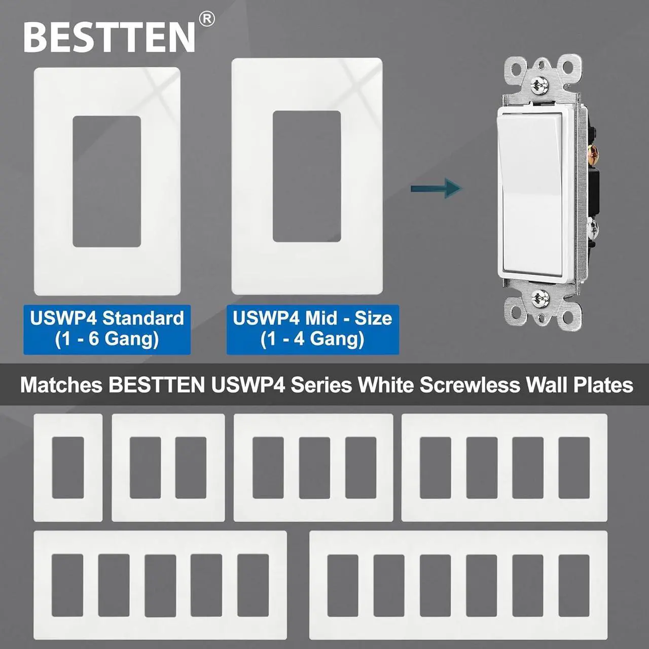 Alt view image 6 of 7 - BESTTEN 100 Pack Single Pole Decorator Wall Light Switch with Wall Plate, 15A 120/277V, On/Off Rocker Paddle Interrupter for LED and Other Lamps, UL Listed, White