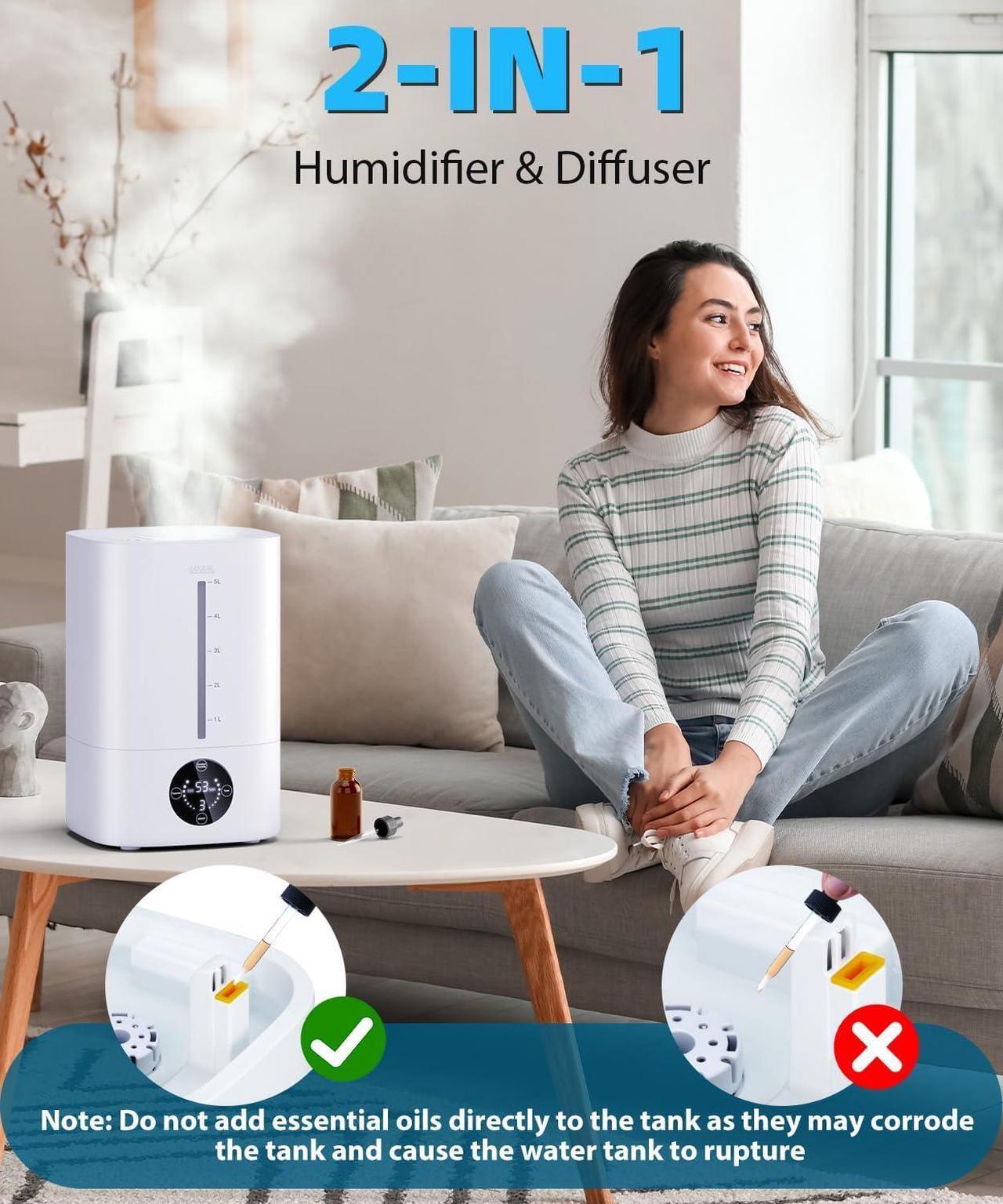 Alt view image 2 of 7 - 5L Humidifiers for Bedroom, 50H Runtime Humidifier for Large Room, Ultra-Quiet 28dB Cool Mist Air Humidifier for Home Baby Nursery & Plants, Auto Shut-off and BPA-Free for Safety, Easy to Clean