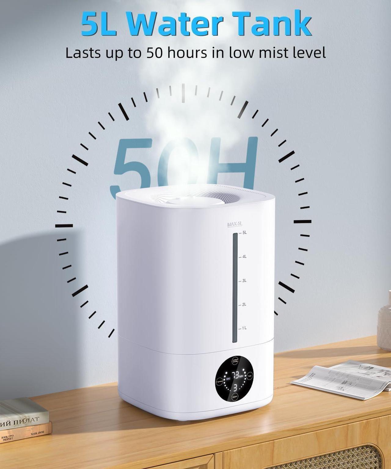 Alt view image 3 of 7 - 5L Humidifiers for Bedroom, 50H Runtime Humidifier for Large Room, Ultra-Quiet 28dB Cool Mist Air Humidifier for Home Baby Nursery & Plants, Auto Shut-off and BPA-Free for Safety, Easy to Clean