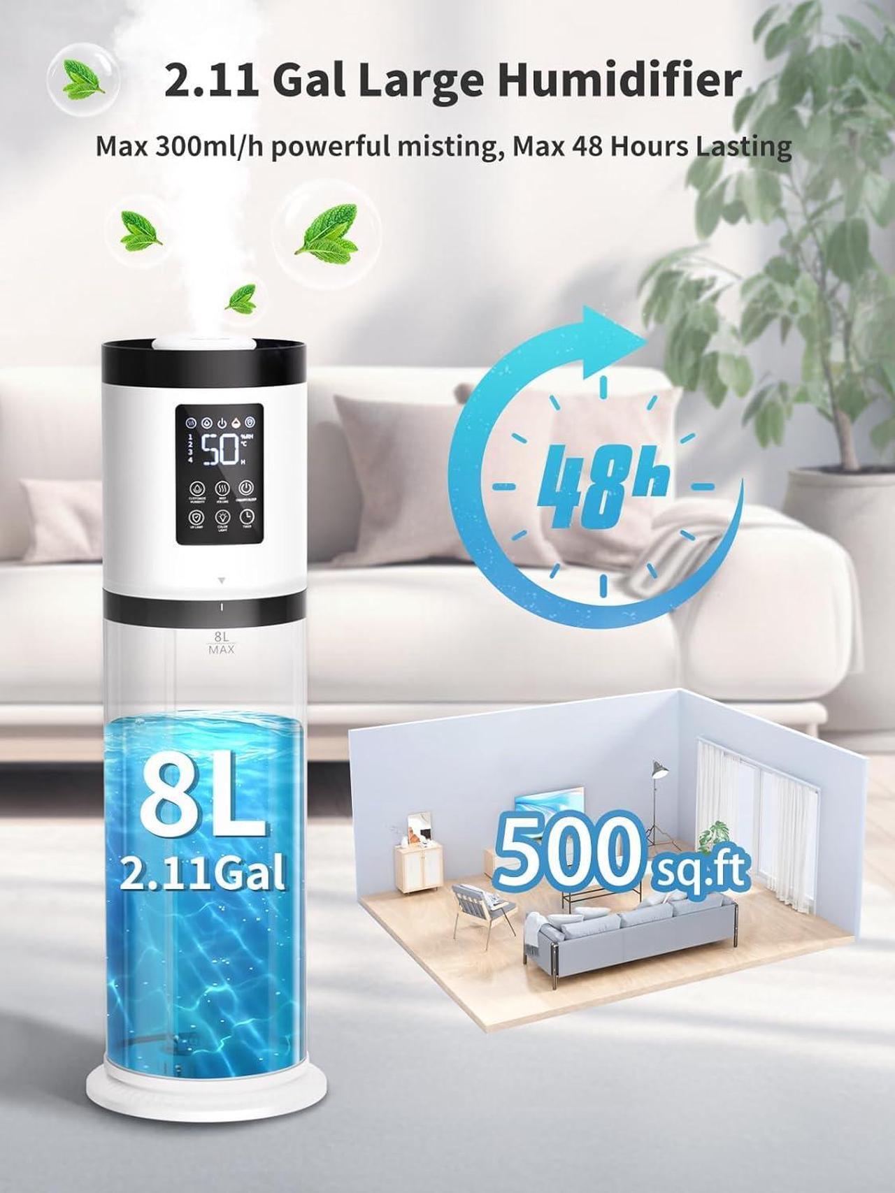 Alt view image 2 of 7 - Humidifiers for Bedroom Large Room, 8L Large Capacity Cool Mist Humidifier, Air Humidifiers for Home, Smart Humidity Setting, Easy Top Fill, Sleep Mode, Essential Oil Box & Ambient Light, Auto Shutoff