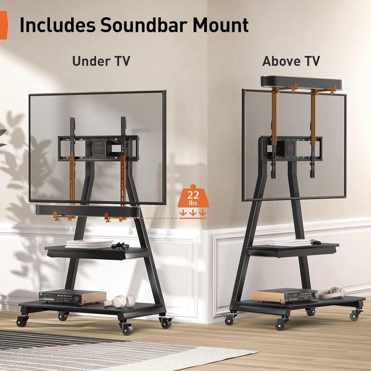 Alt view image 2 of 7 - Mobile TV Stand with Soundbar Mount, Rolling Floor TV Stand with Wheels for 43-80" TVs up to 132lbs, Mobile TV Cart with Storage Shelves, Tilt/Swivel Corner TV Stand Max VESA 600x400mm