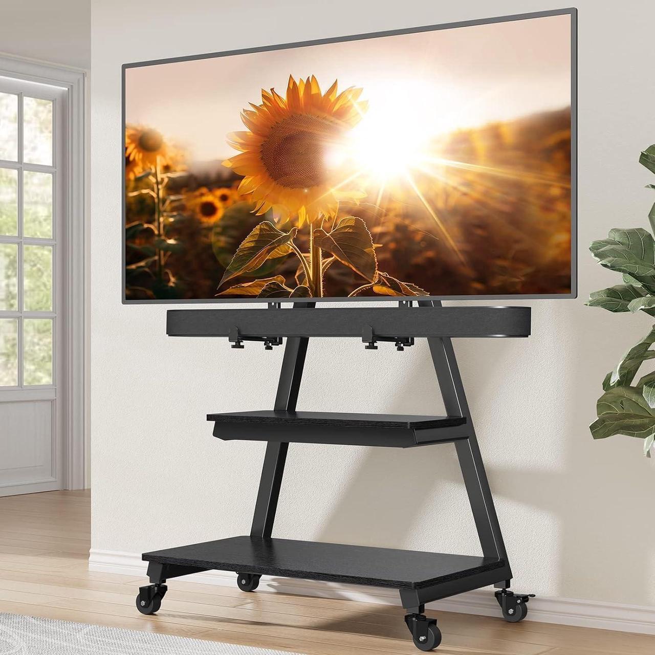 Main image of Mobile TV Stand with Soundbar Mount, Rolling Floor TV Stand with Wheels for 43-80" TVs up to 132lbs, Mobile TV Cart with Storage Shelves, Tilt/Swivel Corner TV Stand Max VESA 600x400mm