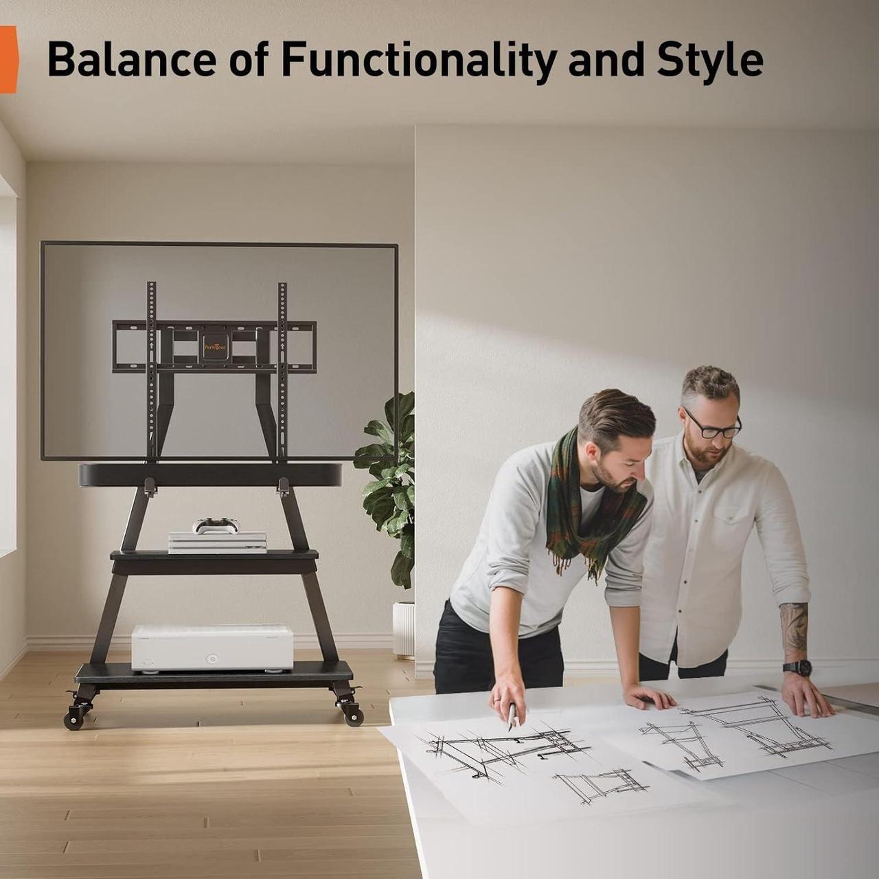 Alt view image 6 of 7 - Mobile TV Stand with Soundbar Mount, Rolling Floor TV Stand with Wheels for 43-80" TVs up to 132lbs, Mobile TV Cart with Storage Shelves, Tilt/Swivel Corner TV Stand Max VESA 600x400mm