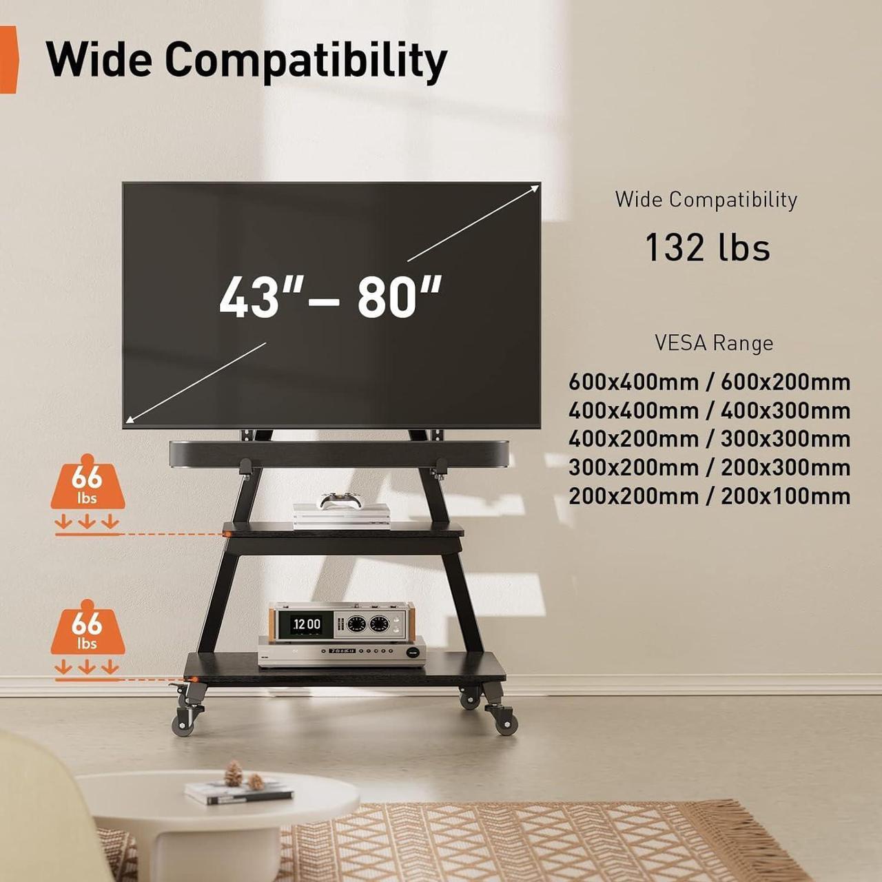 Alt view image 7 of 7 - Mobile TV Stand with Soundbar Mount, Rolling Floor TV Stand with Wheels for 43-80" TVs up to 132lbs, Mobile TV Cart with Storage Shelves, Tilt/Swivel Corner TV Stand Max VESA 600x400mm