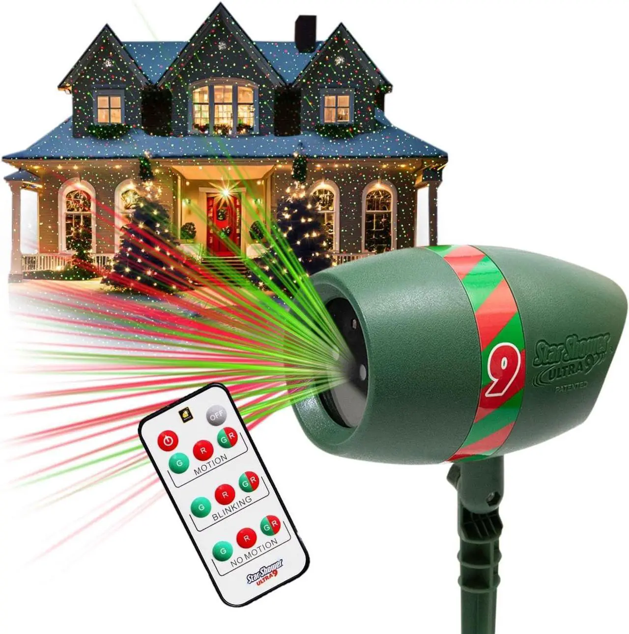 Main image of Star Shower Ultra 9 Outdoor Laser Light Show with Remote, AS-SEEN-ON-TV, New 9 Unique Patterns, Showers Home w/Thousands of Lights, 3 Color Combinations, Motion or Still, Up to 3200 Sq Ft