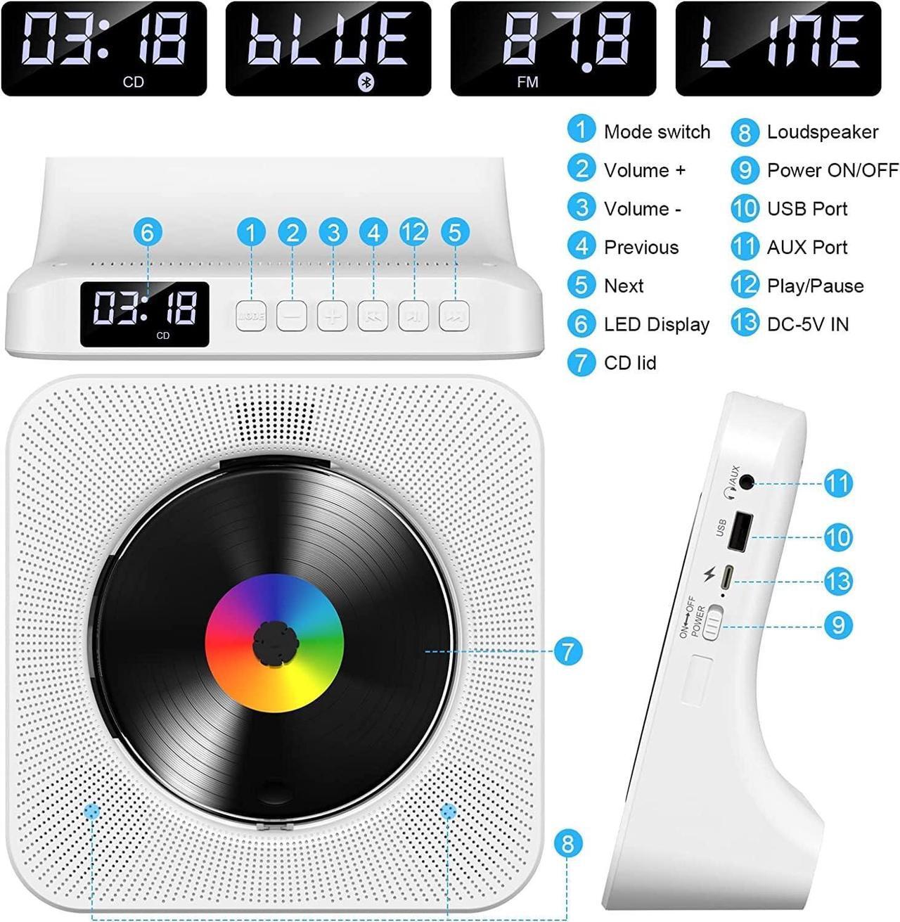 Alt view image 3 of 7 - CD Player Portable Bluetooth Desktop CD Player for Home with Timer Built-in HiFi Speakers with LCD Screen Display Boombox FM Radio USB Type-c