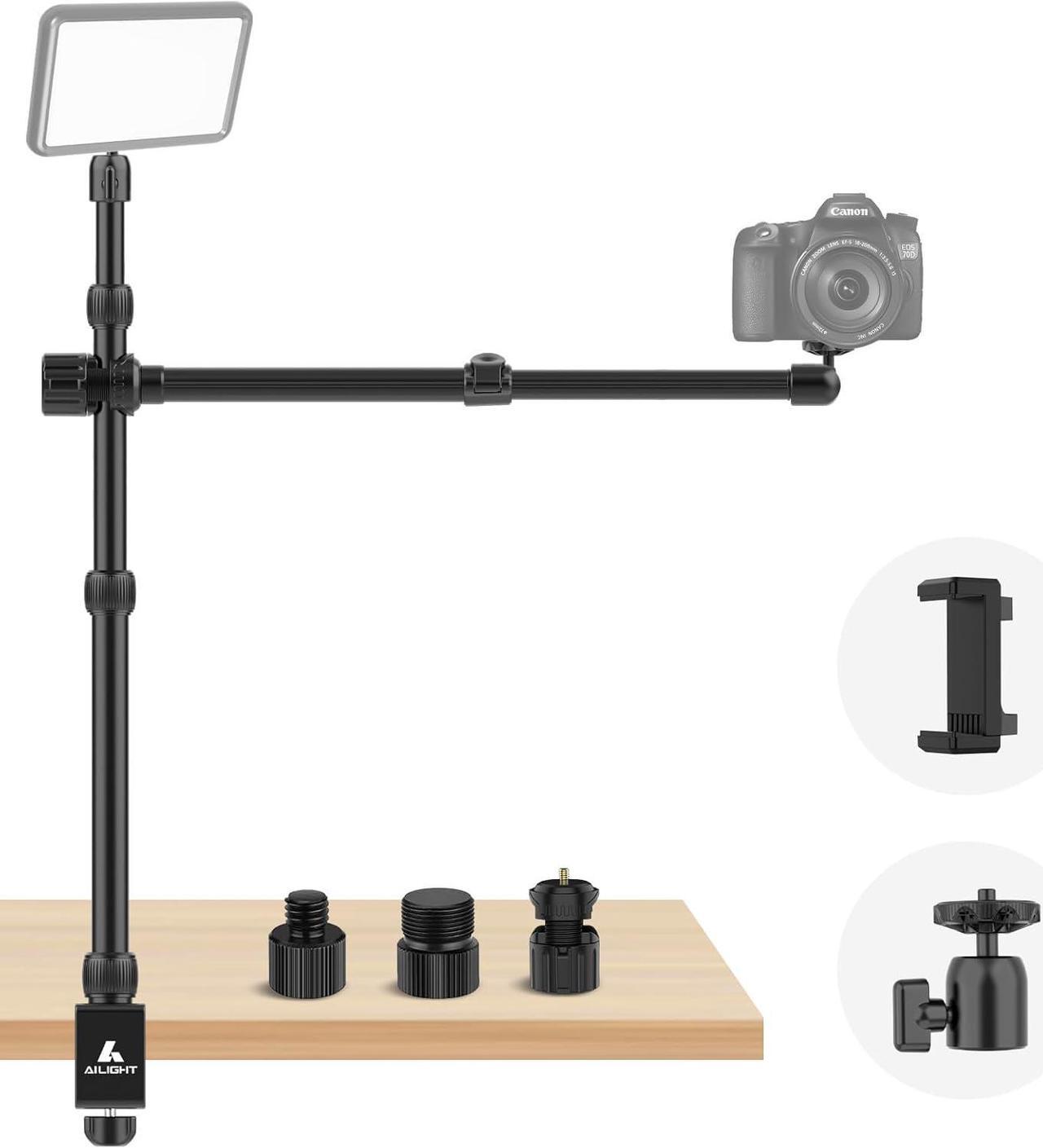 Main image of Overhead Camera Mount Table Stand, 3-Section Adjustable Desk Stand and 2 Section Telescopic Arm with 1/4 Screw&360° Ball Head, C-clamp Tabletop Mount for DSLR Camera/Webcam/Microphone/Lights