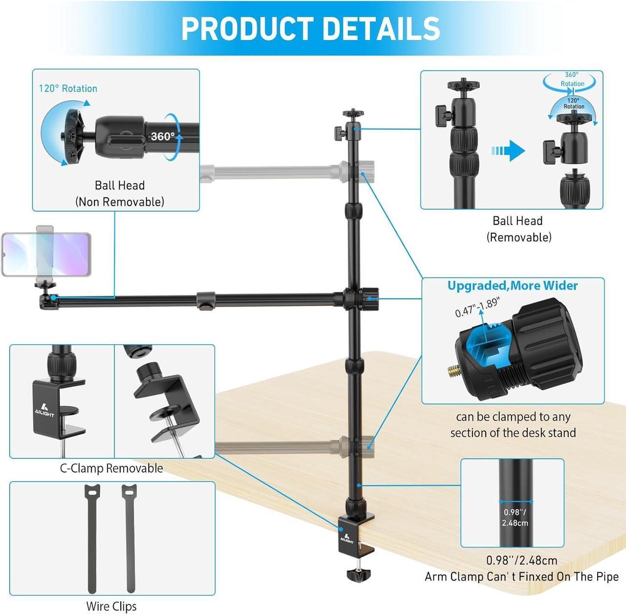 Alt view image 5 of 6 - Overhead Camera Mount Table Stand, 3-Section Adjustable Desk Stand and 2 Section Telescopic Arm with 1/4 Screw&360° Ball Head, C-clamp Tabletop Mount for DSLR Camera/Webcam/Microphone/Lights