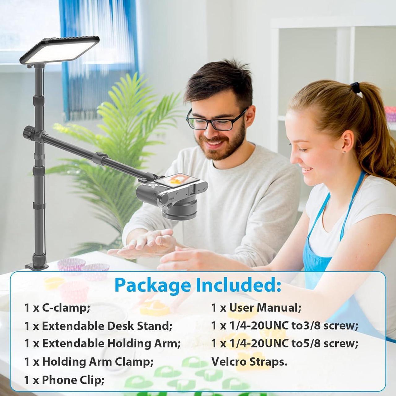Alt view image 6 of 6 - Overhead Camera Mount Table Stand, 3-Section Adjustable Desk Stand and 2 Section Telescopic Arm with 1/4 Screw&360° Ball Head, C-clamp Tabletop Mount for DSLR Camera/Webcam/Microphone/Lights
