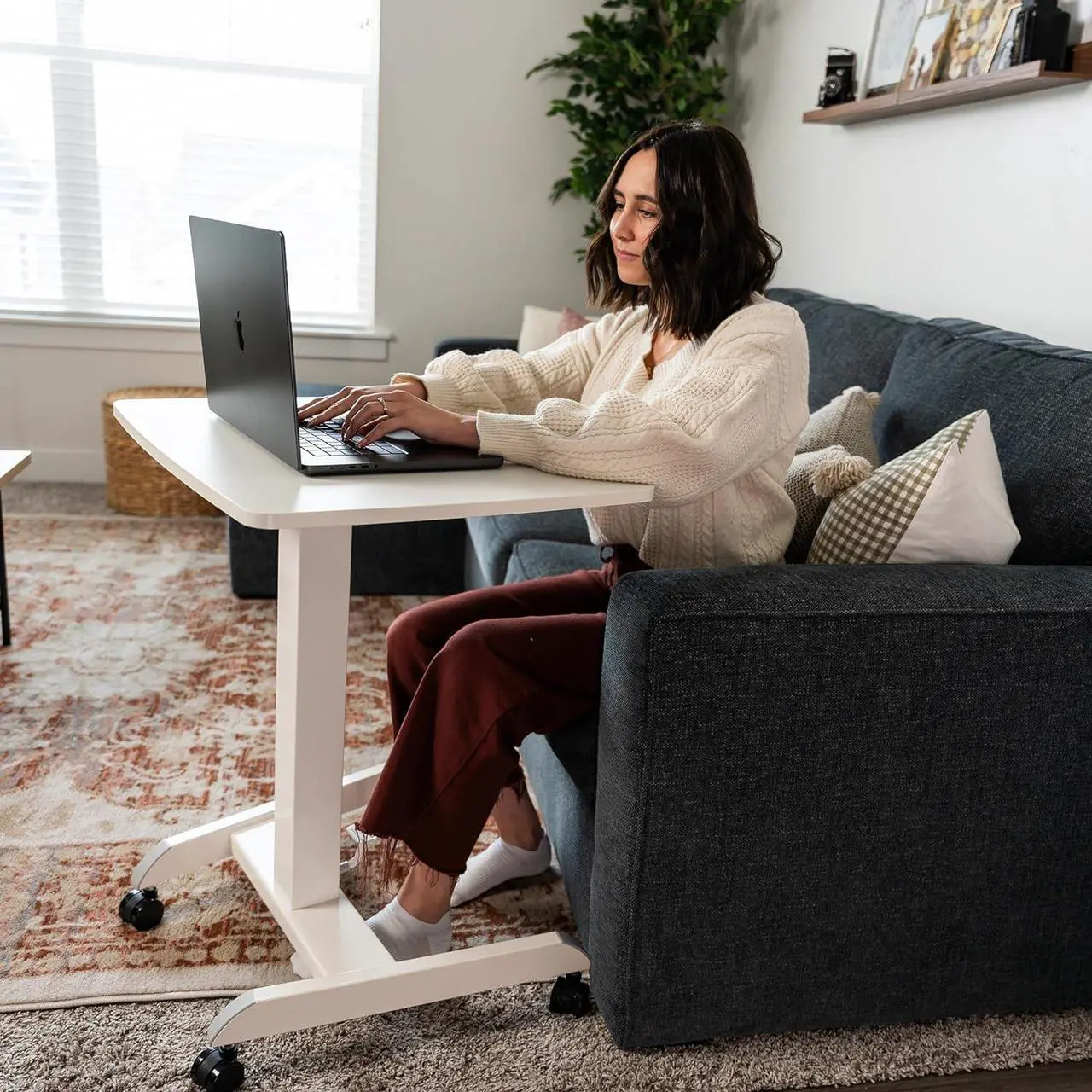 Alt view image 2 of 7 - Rolling Desk Adjustable Height, Laptop Cart, Computer Desk with Wheels 23.6" x 20.5", Rolling Laptop Stand, Mobile Workstation Cart for Bed, Small Rolling Computer Table with Wheels (White)