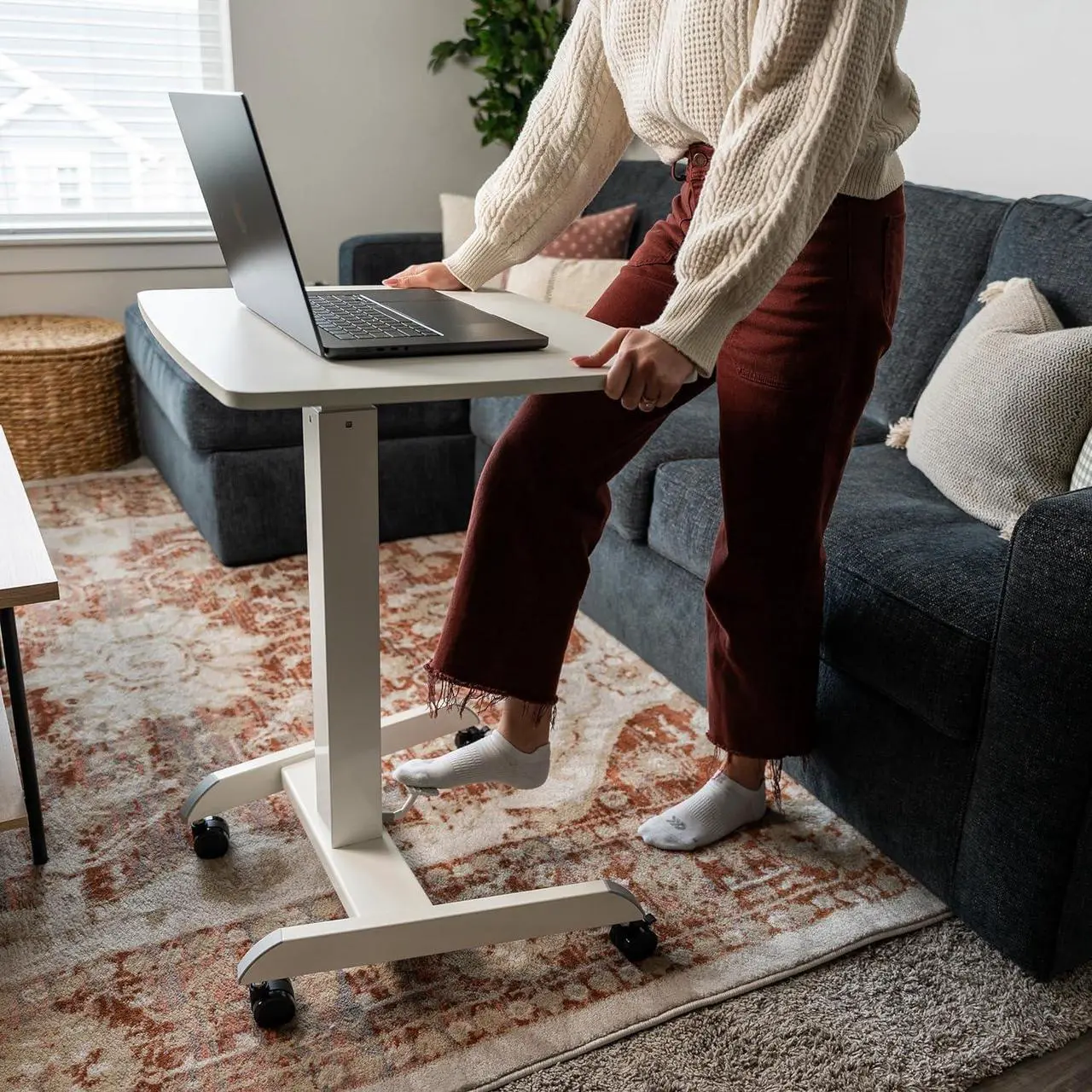 Alt view image 4 of 7 - Rolling Desk Adjustable Height, Laptop Cart, Computer Desk with Wheels 23.6" x 20.5", Rolling Laptop Stand, Mobile Workstation Cart for Bed, Small Rolling Computer Table with Wheels (White)