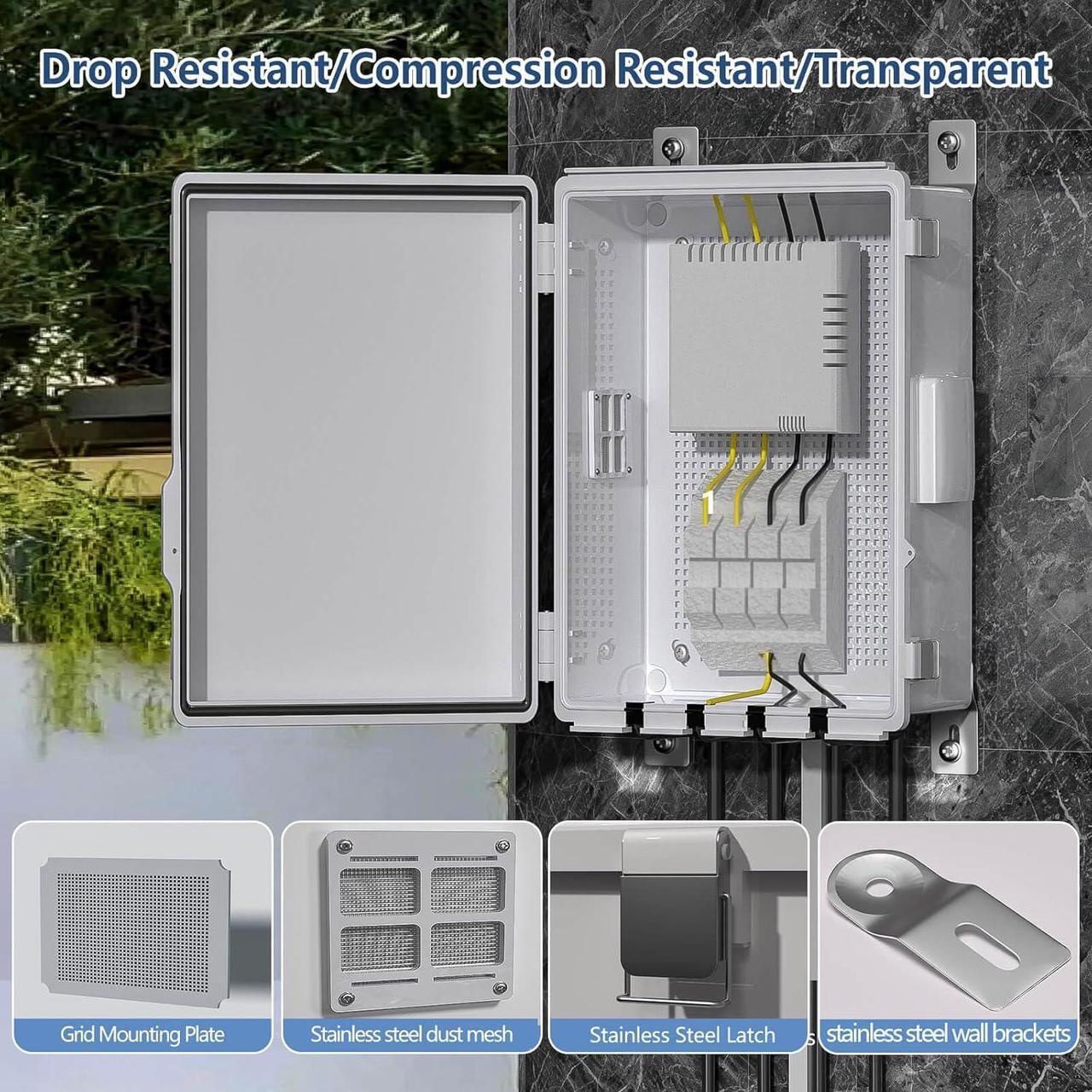 Alt view image 5 of 7 - Electrical Junction Box, Ventilated Design, Cable Grommets, Indoor/Outdoor Use with Mounting Panel & Hinged Cover. Waterproof IP 65. (Grey Cover, 15"x11"x5.1")